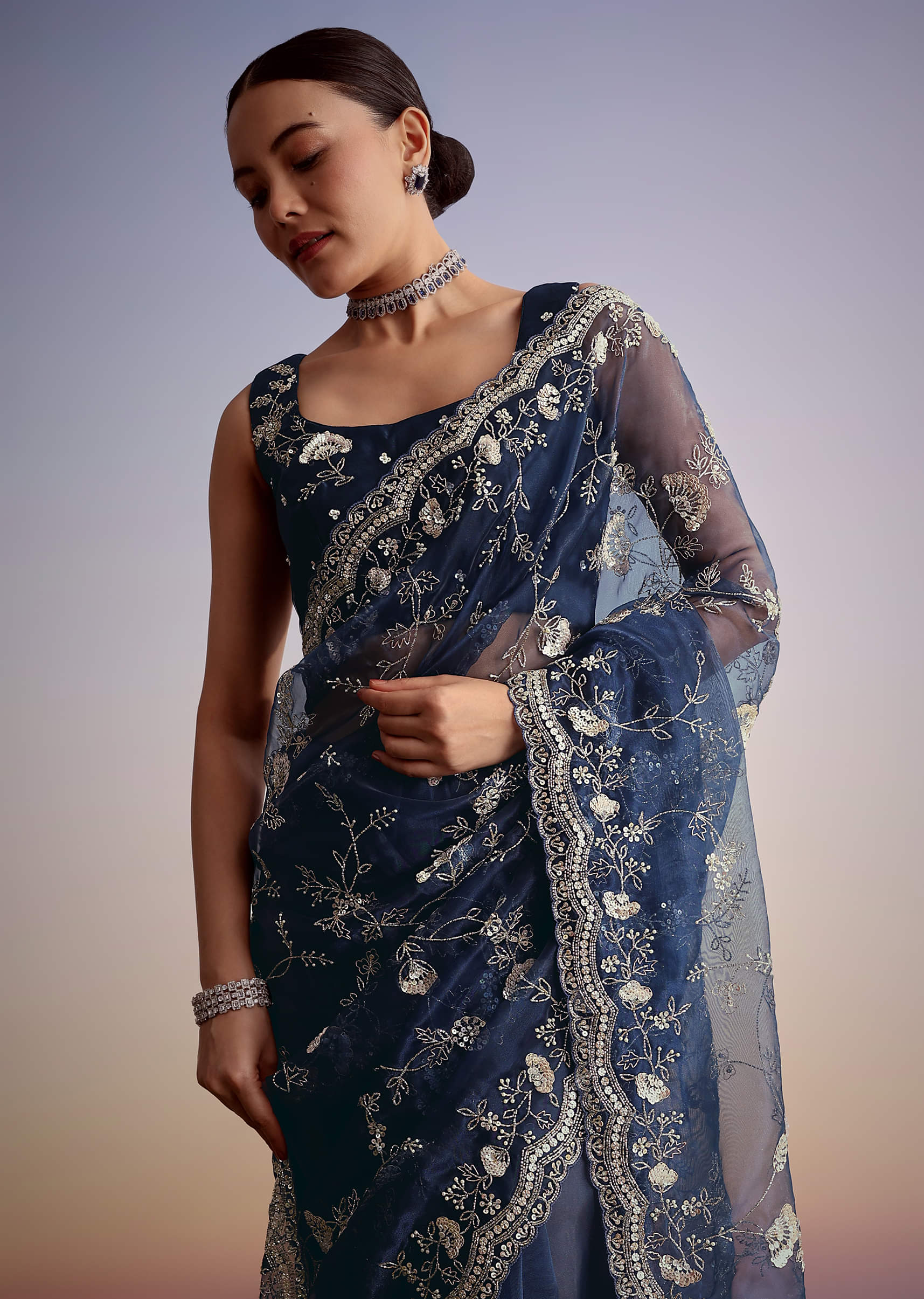 Midnight Blue Tissue Floral Embroidered Saree With Scallop Border - Image 5