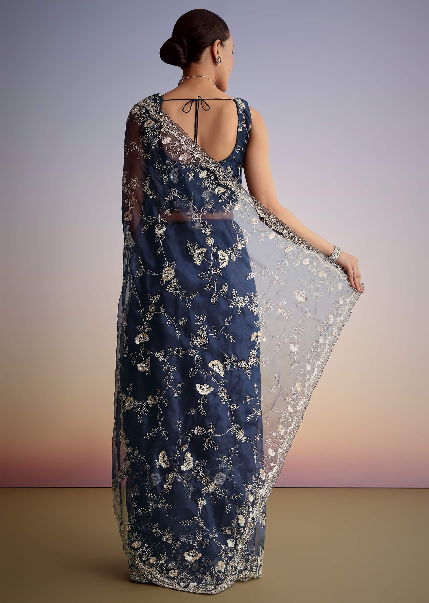 Midnight Blue Tissue Floral Embroidered Saree With Scallop Border - Image 6