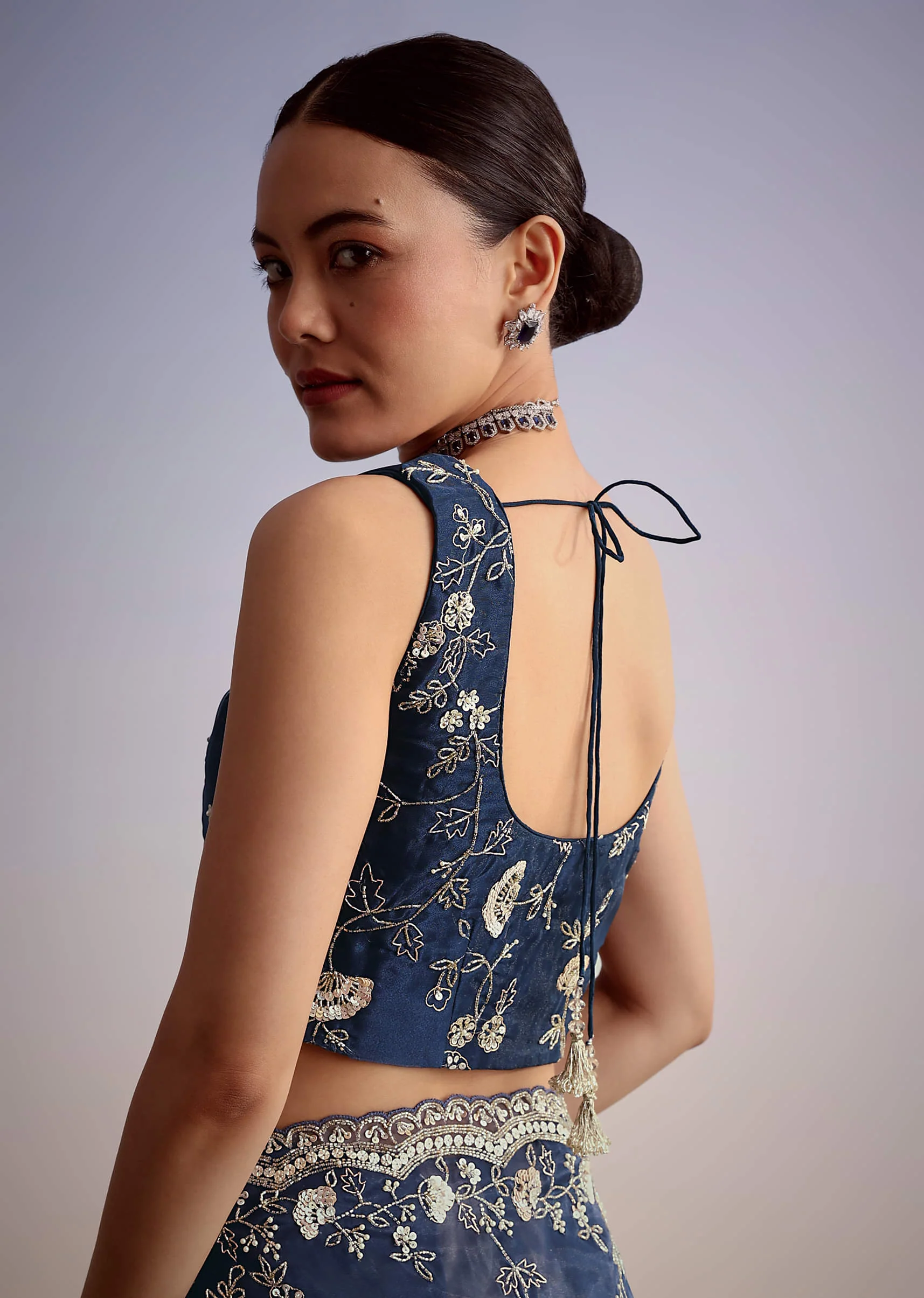 Midnight Blue Tissue Floral Embroidered Saree With Scallop Border - Image 7