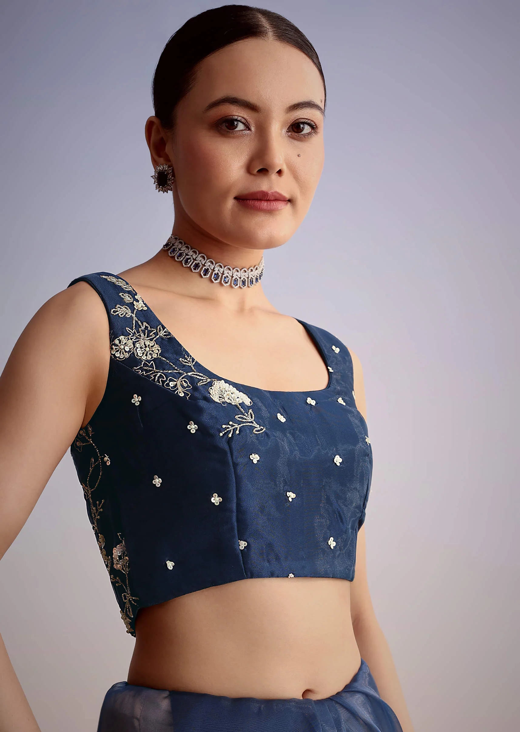 Midnight Blue Tissue Floral Embroidered Saree With Scallop Border - Image 8