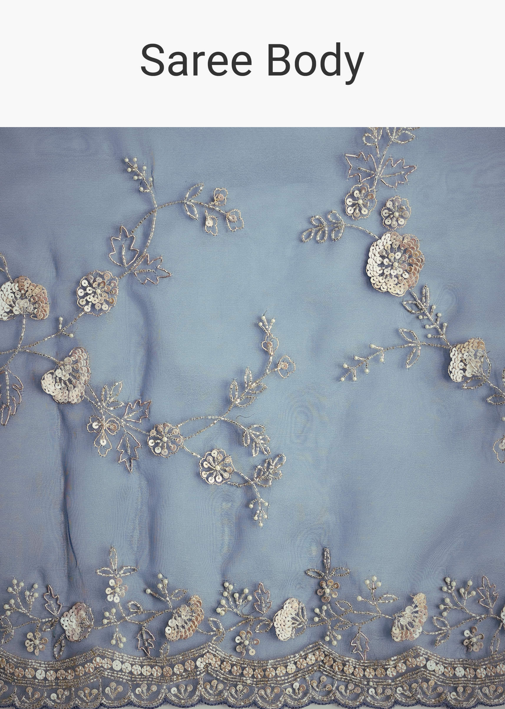 Midnight Blue Tissue Floral Embroidered Saree With Scallop Border - Image 9