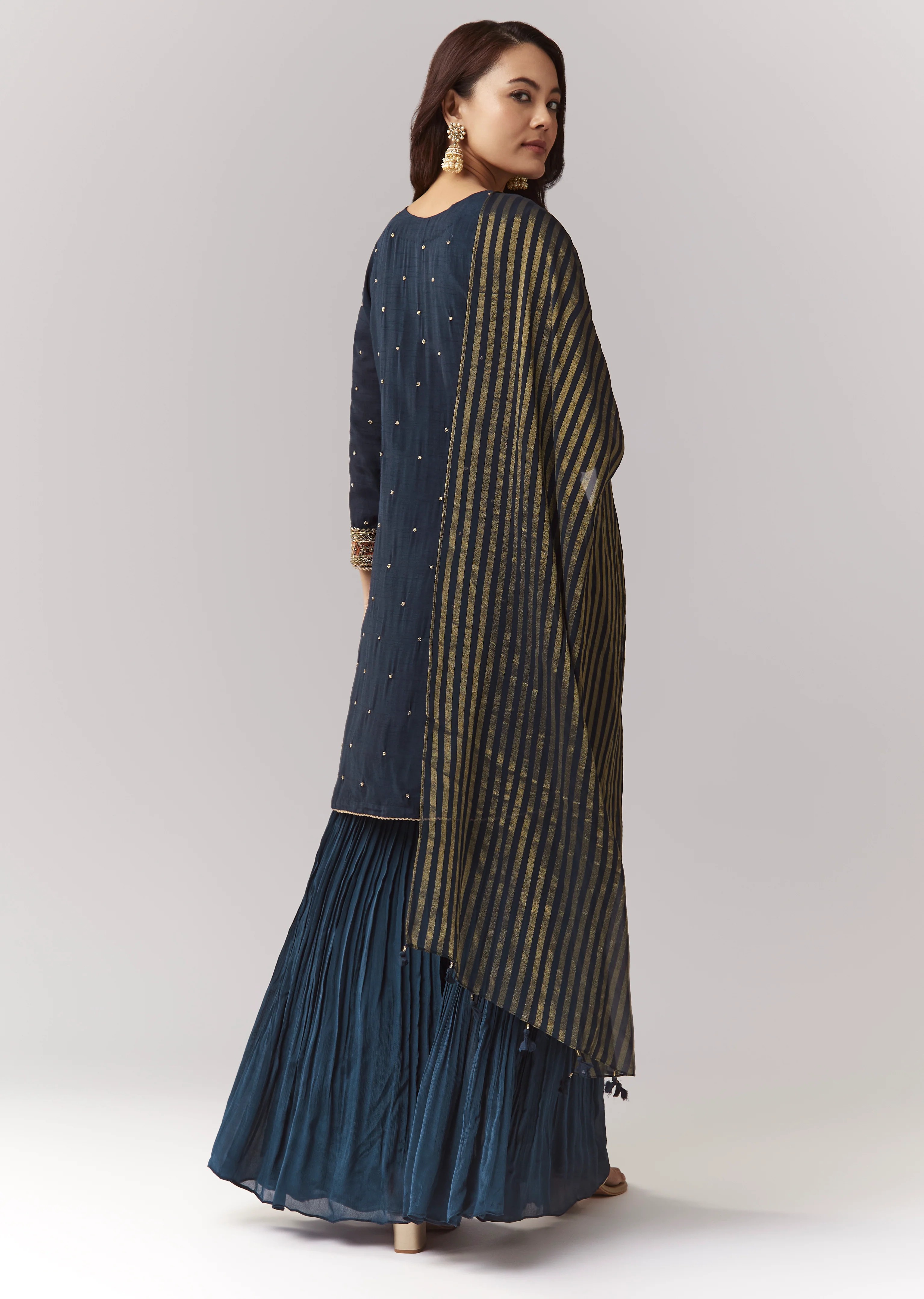 Midnight Zardosi Statement Couple Set – Navy Zardosi Kurta Sharara Set with Organza Dupatta for Her And Green Embellished Jacket Kurta Set for Him - Image 5