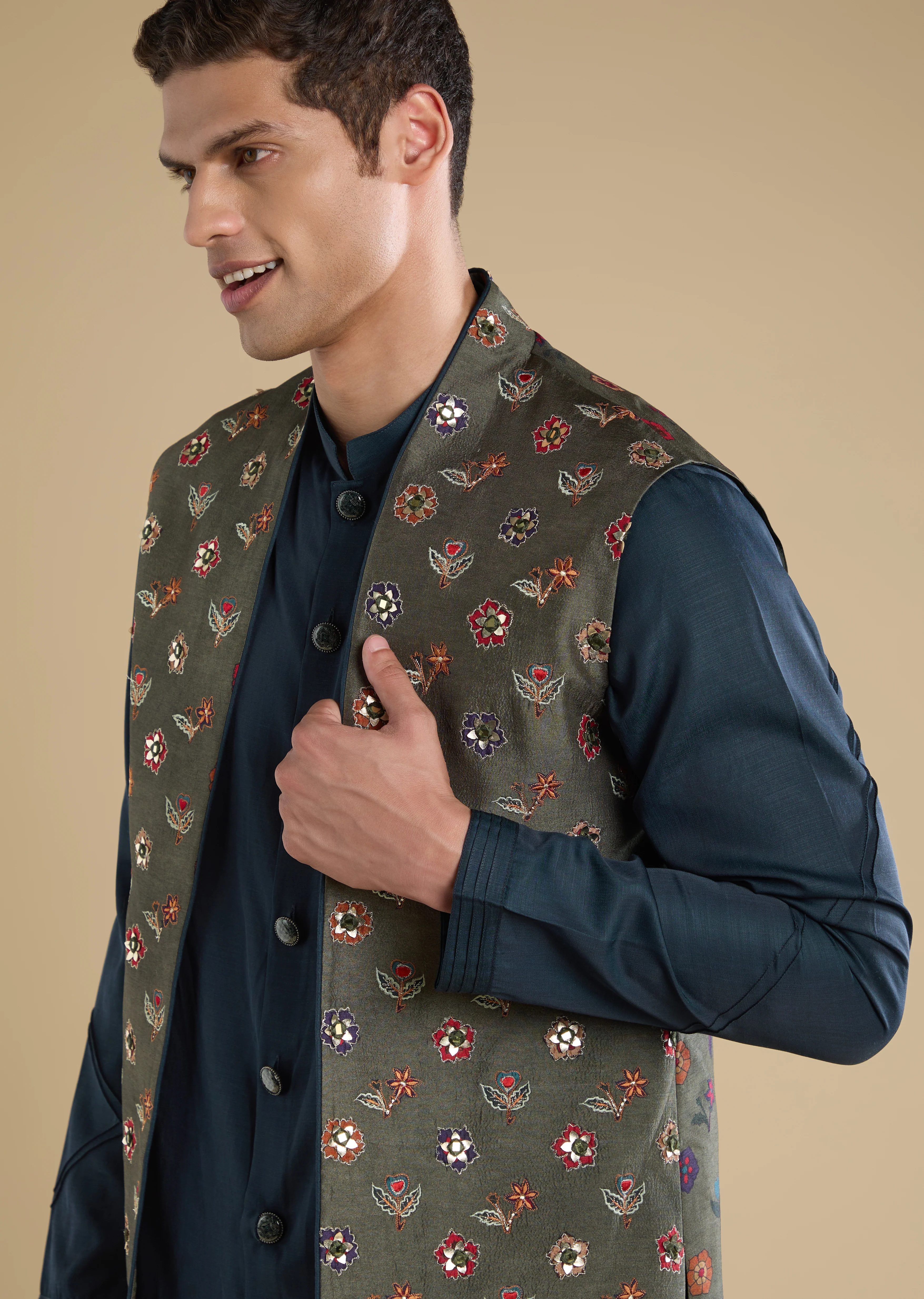 Midnight Zardosi Statement Couple Set – Navy Zardosi Kurta Sharara Set with Organza Dupatta for Her And Green Embellished Jacket Kurta Set for Him - Image 6