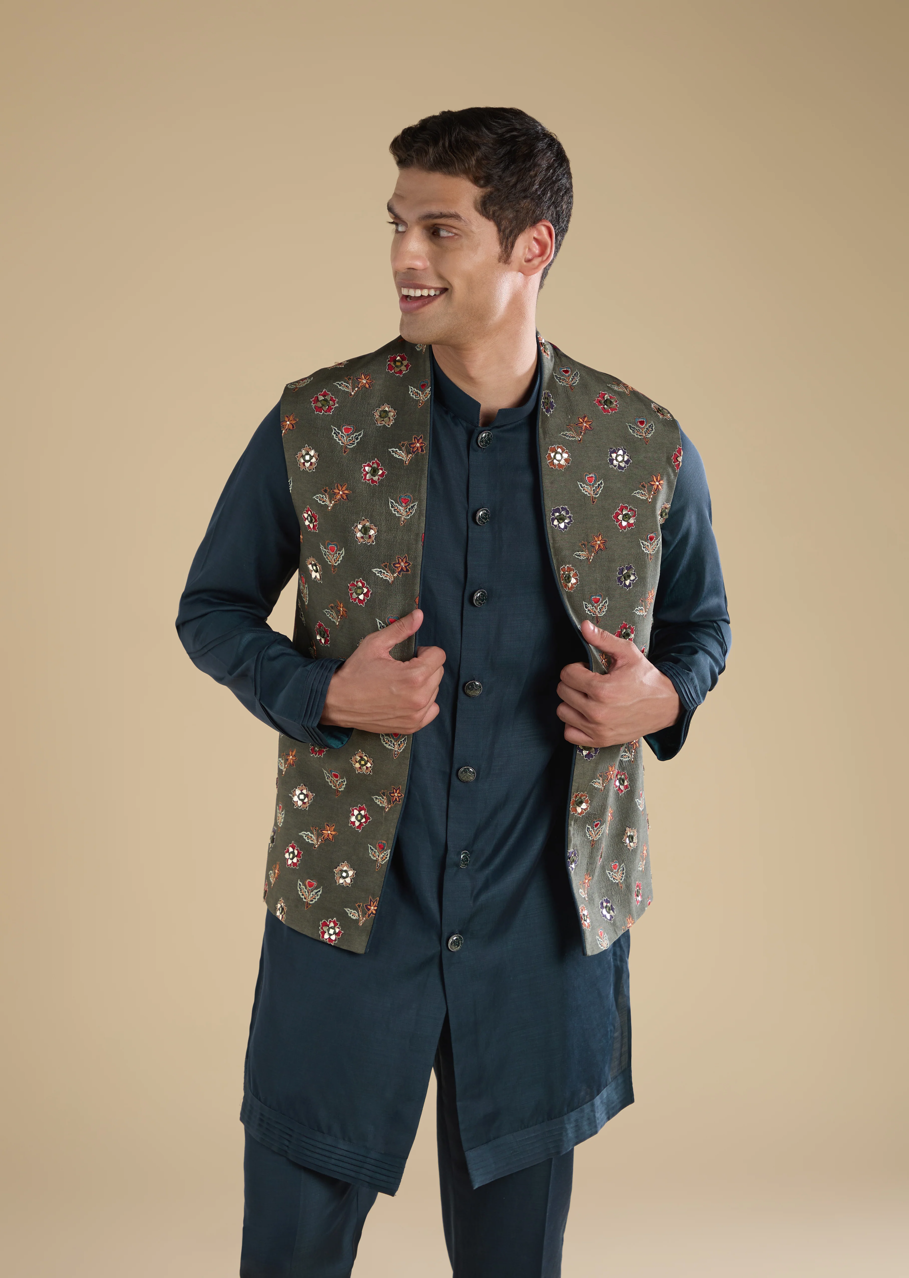 Midnight Zardosi Statement Couple Set – Navy Zardosi Kurta Sharara Set with Organza Dupatta for Her And Green Embellished Jacket Kurta Set for Him - Image 8