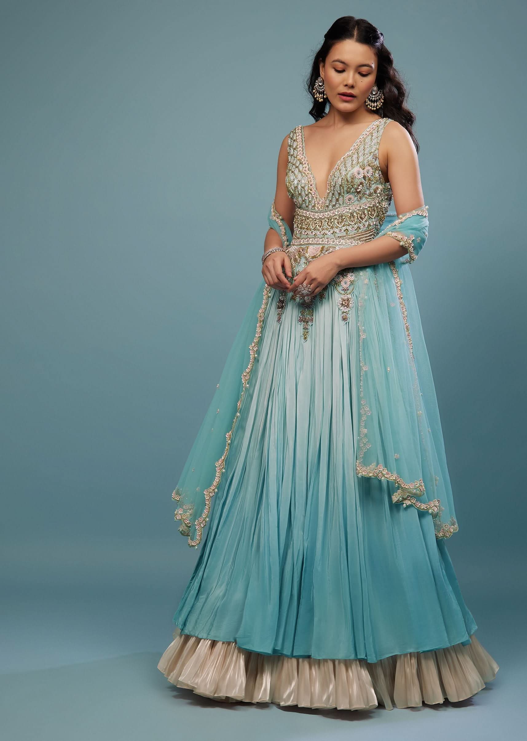 Mint Blue Embroidered Anarkali Suit In Crepe - Image 3