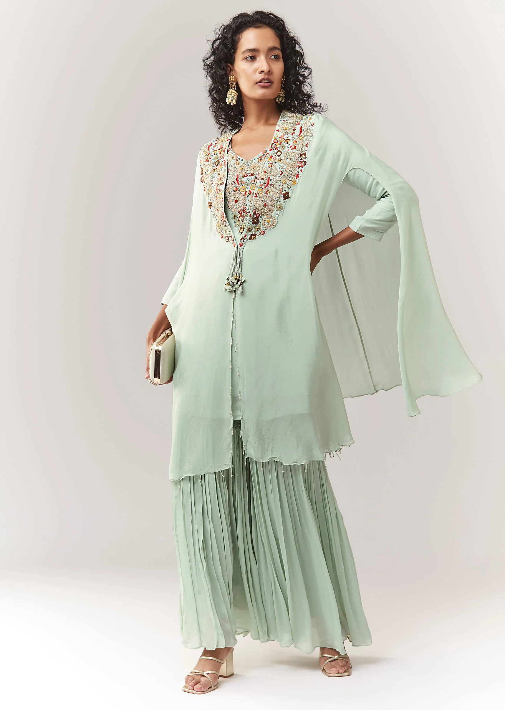 Mint Blue Kurta Cape Sharara Set With Thread And Zardosi Work - Image 3