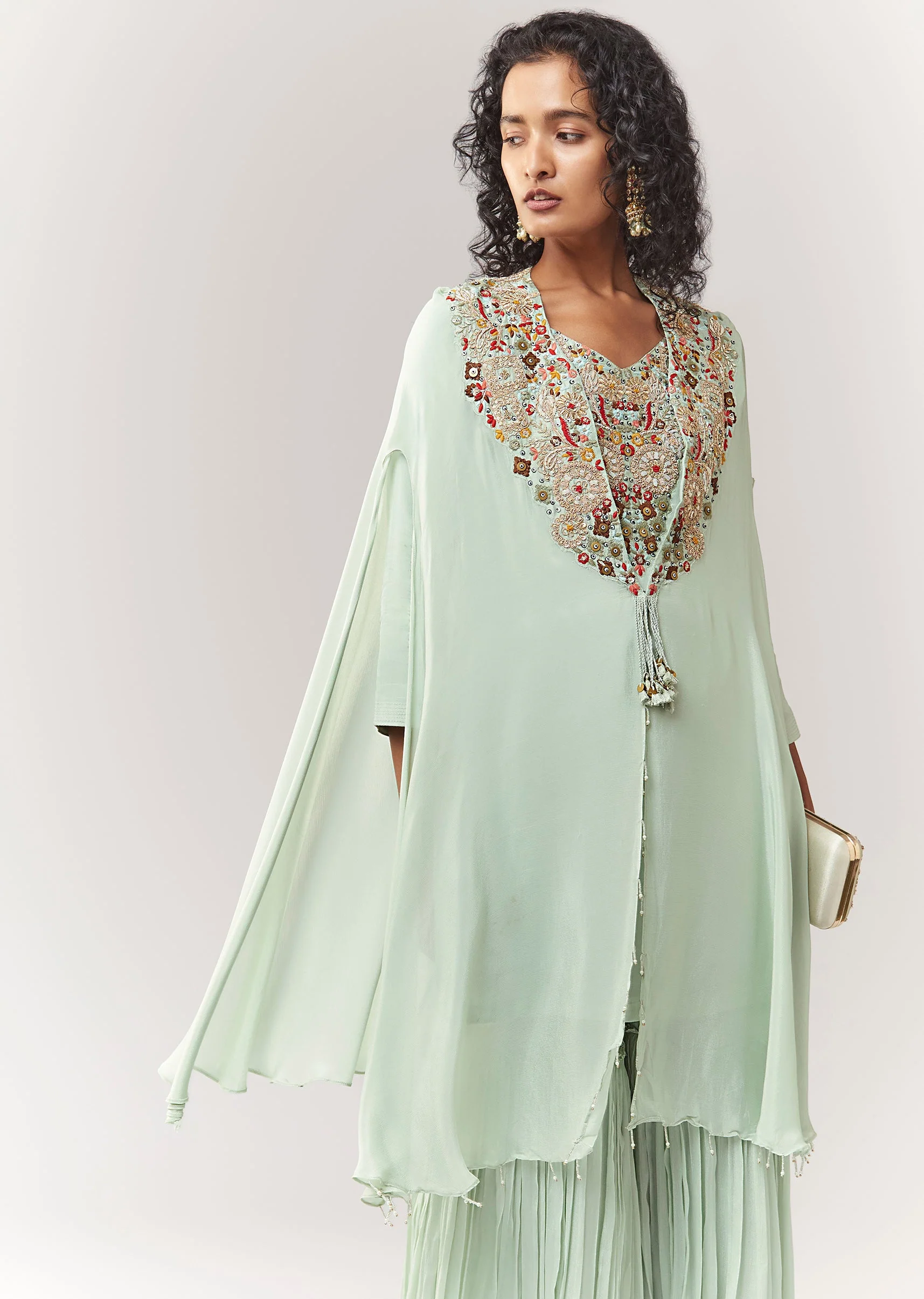 Mint Blue Kurta Cape Sharara Set With Thread And Zardosi Work - Image 4