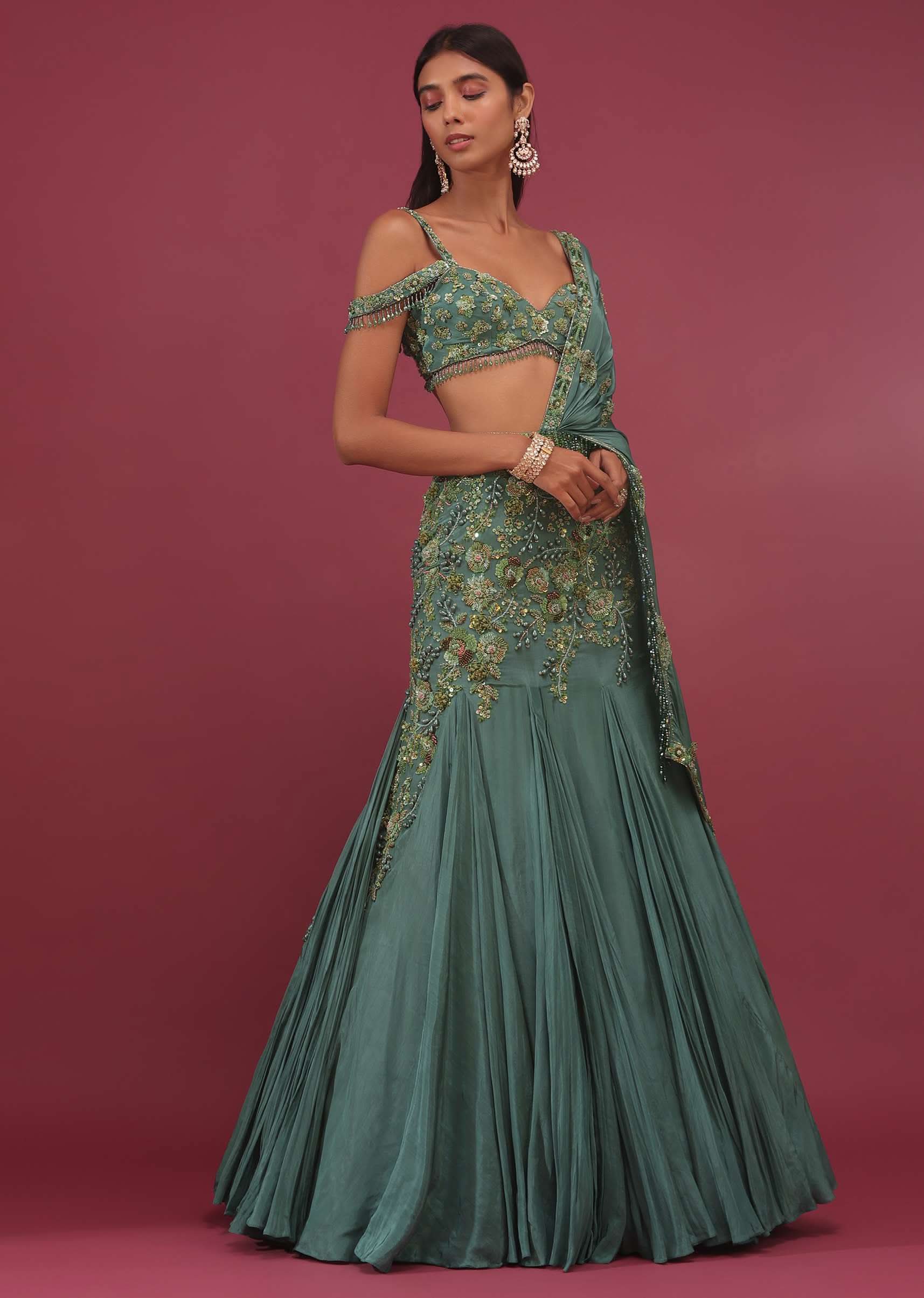 Mint Blue Lehenga Set In Pure Crepe Embroidered With Attached Dupatta - NOOR 2022 - Image 4