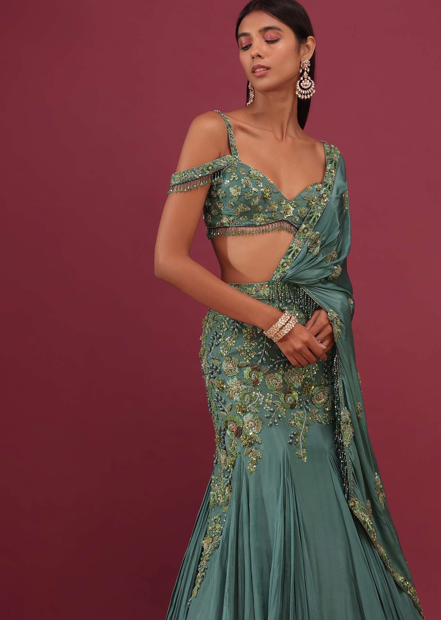 Mint Blue Lehenga Set In Pure Crepe Embroidered With Attached Dupatta - NOOR 2022 - Image 6