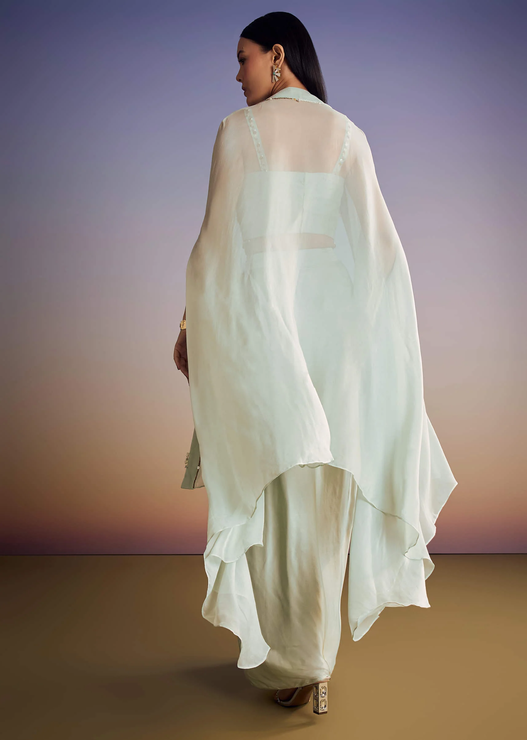 Mint Blue Organza Cape Set With Sequins And Thread Work - Image 5