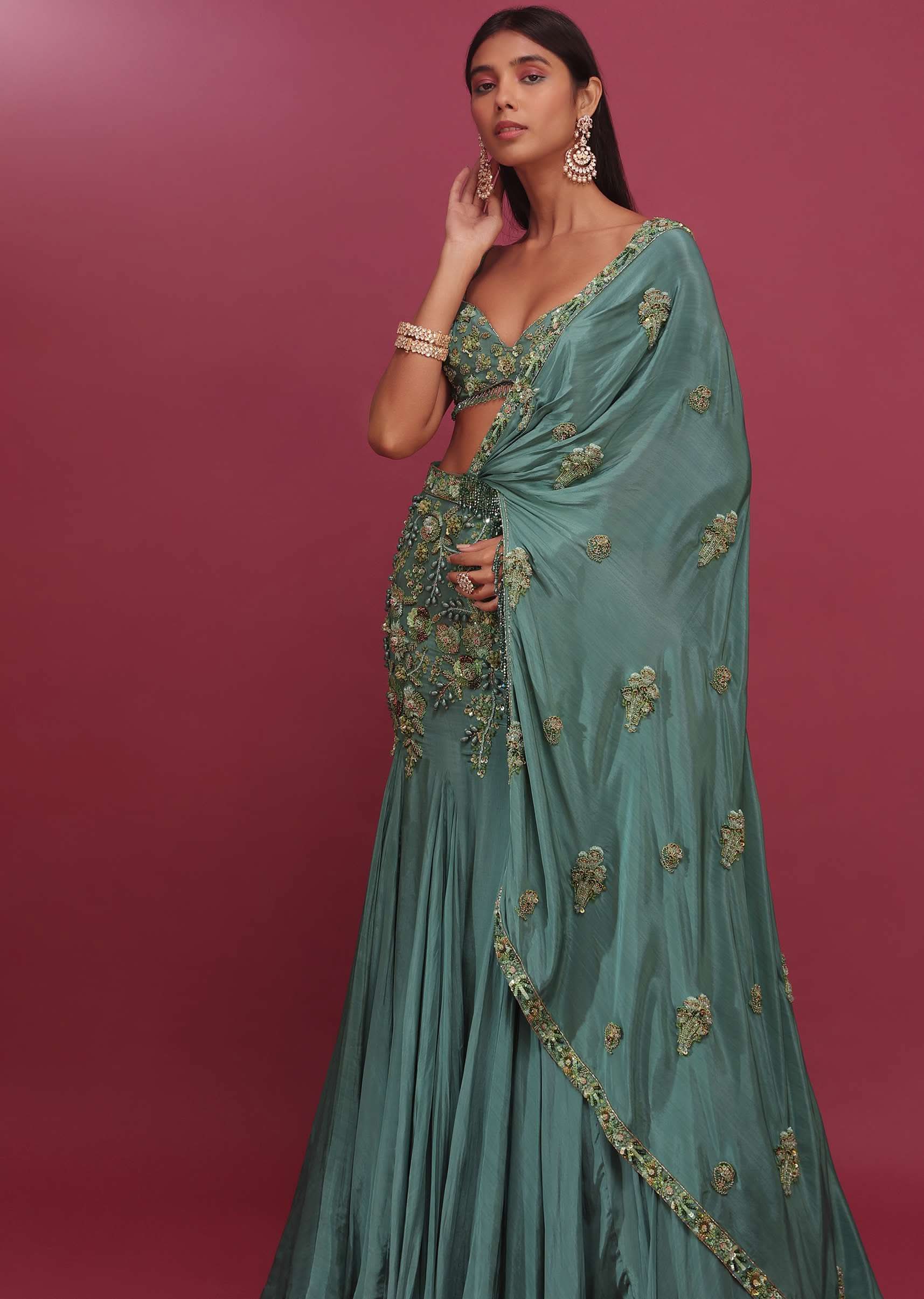Mint Blue Pure Crepe Pleated Lehenga Set With Attached Dupatta - NOOR 2022 - Image 3