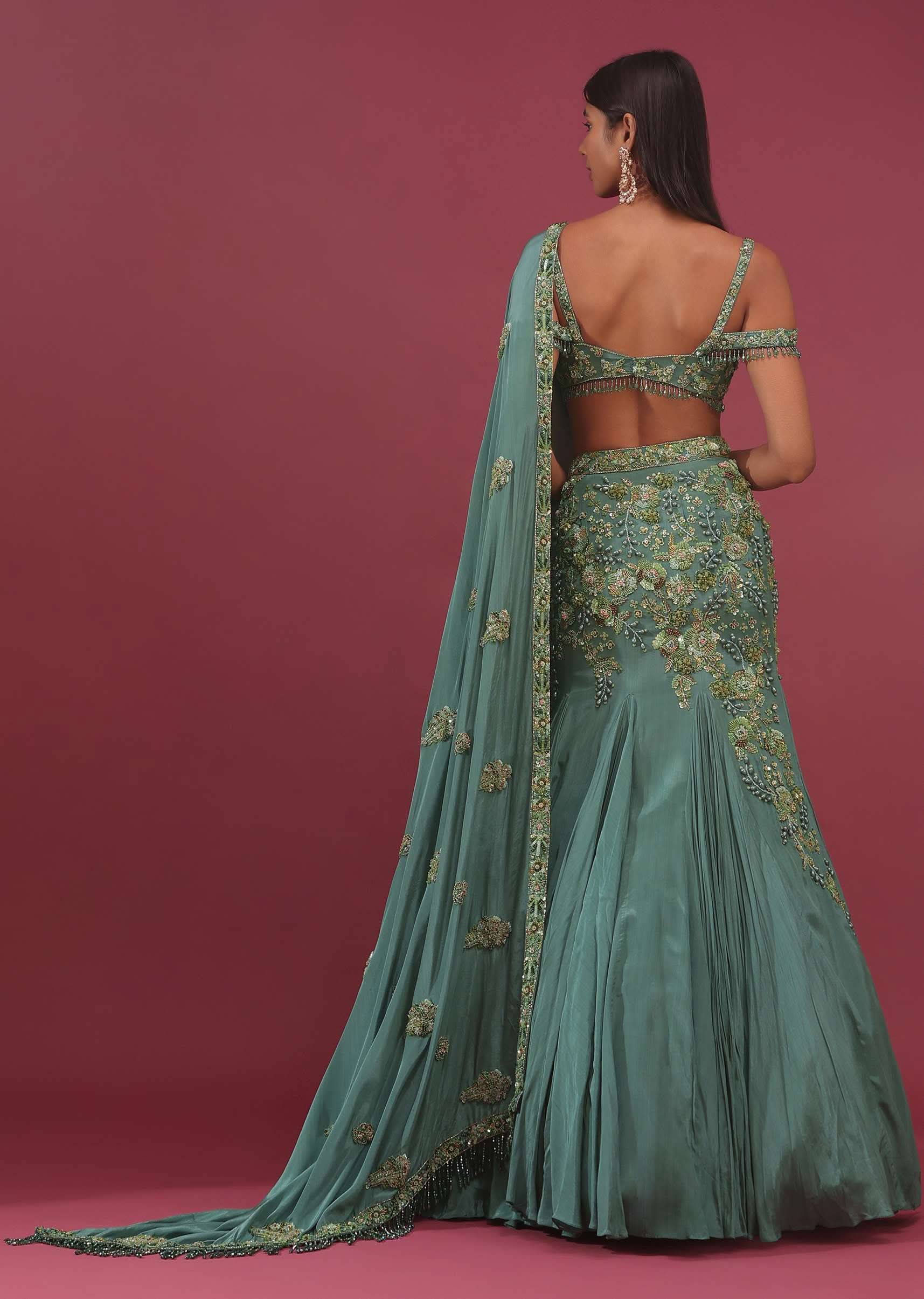 Mint Blue Pure Crepe Pleated Lehenga Set With Attached Dupatta - NOOR 2022 - Image 5