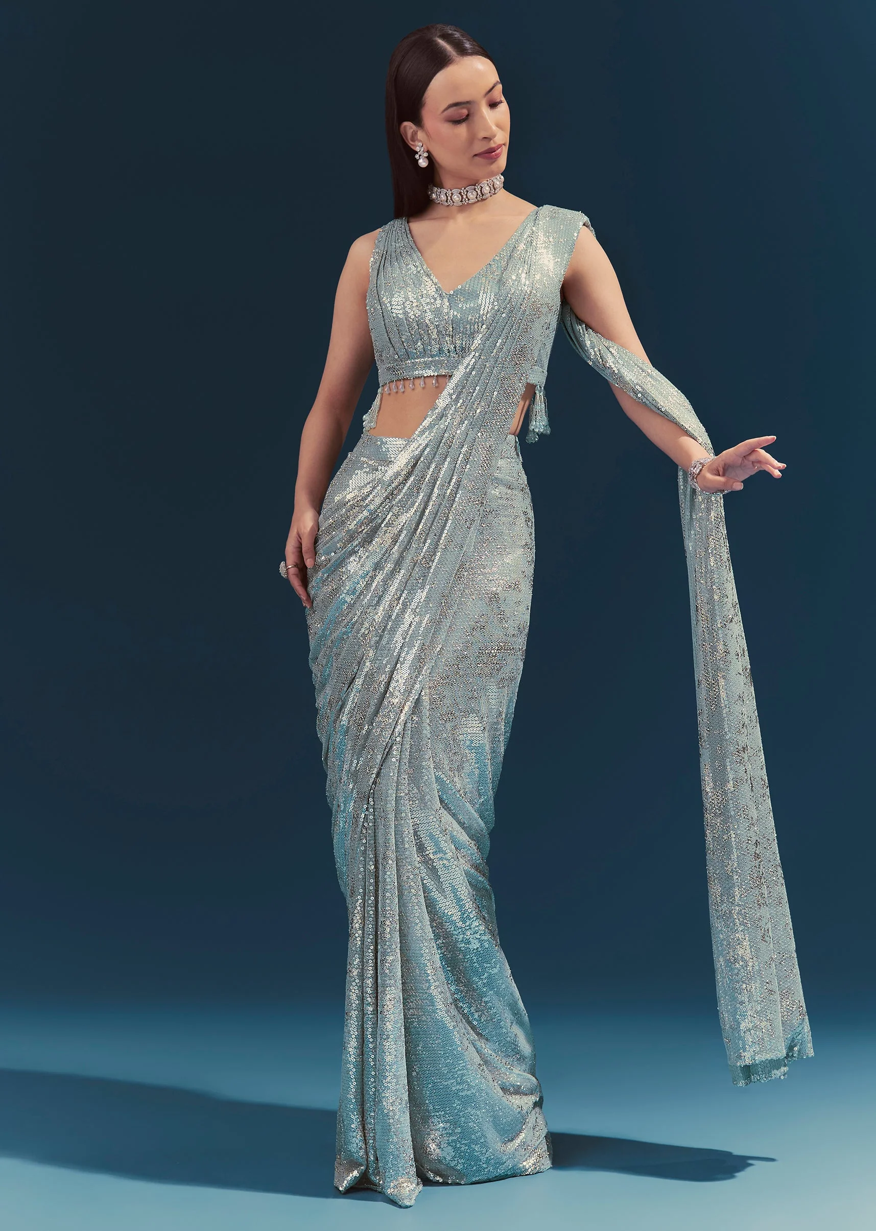 Mint Blue Ready Pleated Saree Set