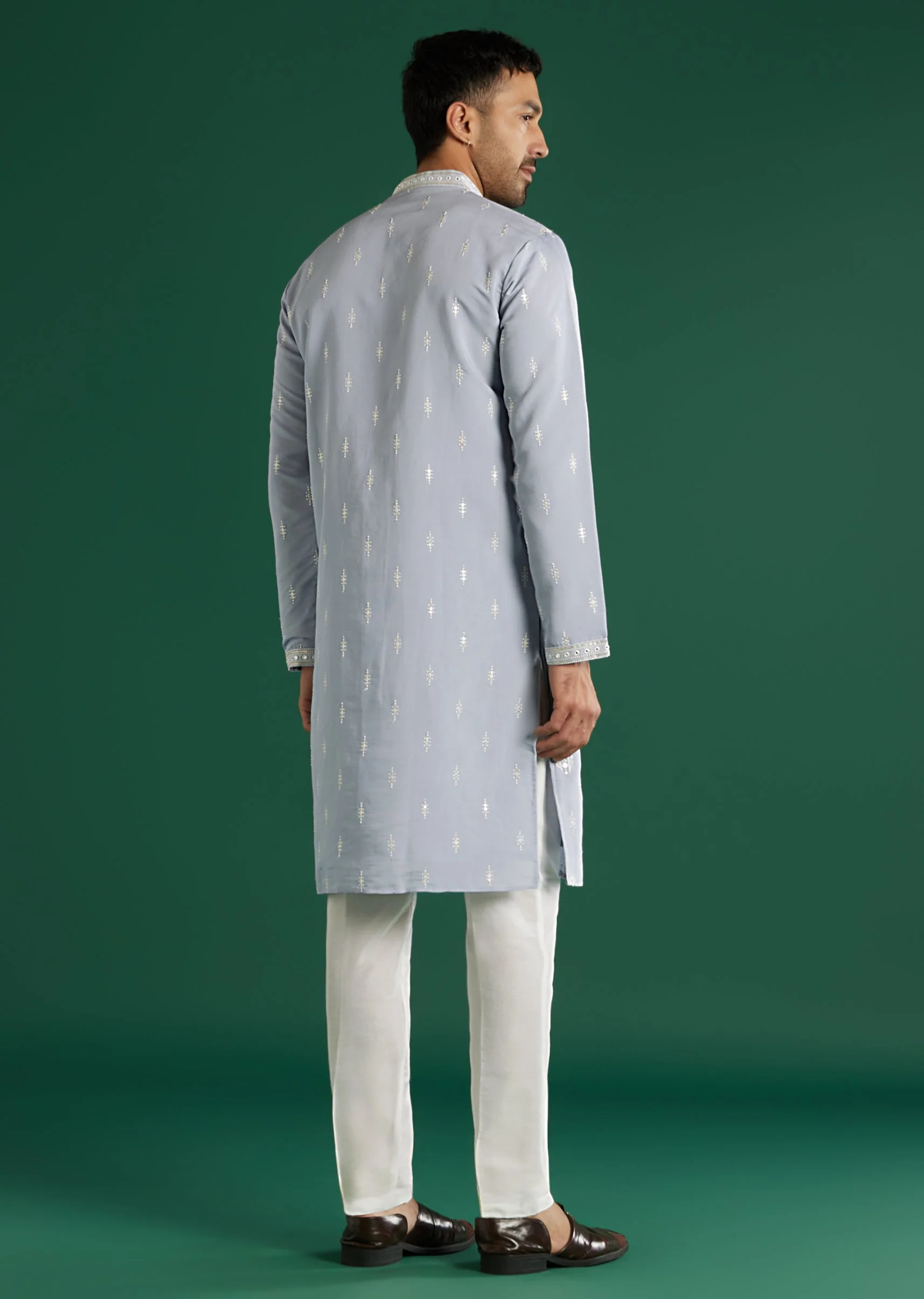 Mint Blue Silk Kurta Set For Men With Resham And Mirror Embroidery - Image 5