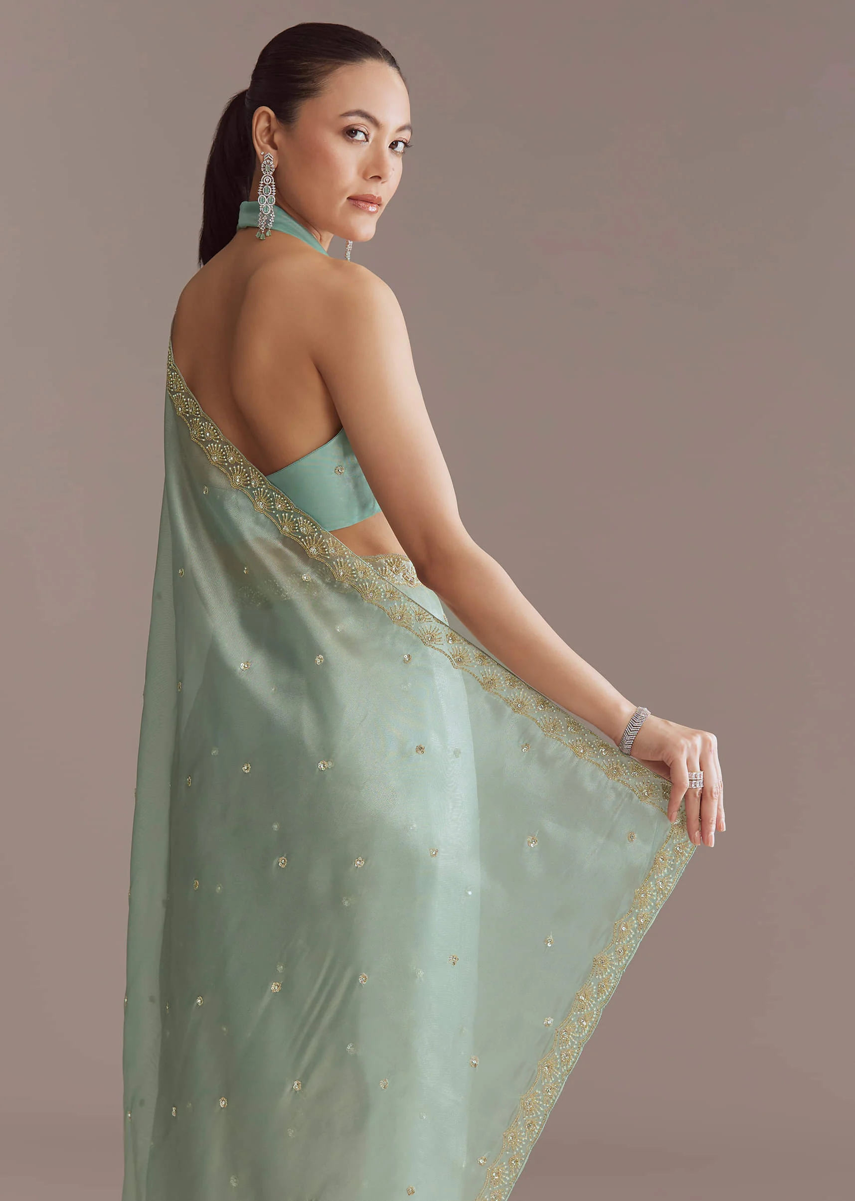 Mint Blue Tissue Saree With Sequin And Bead Embroidery - Image 5