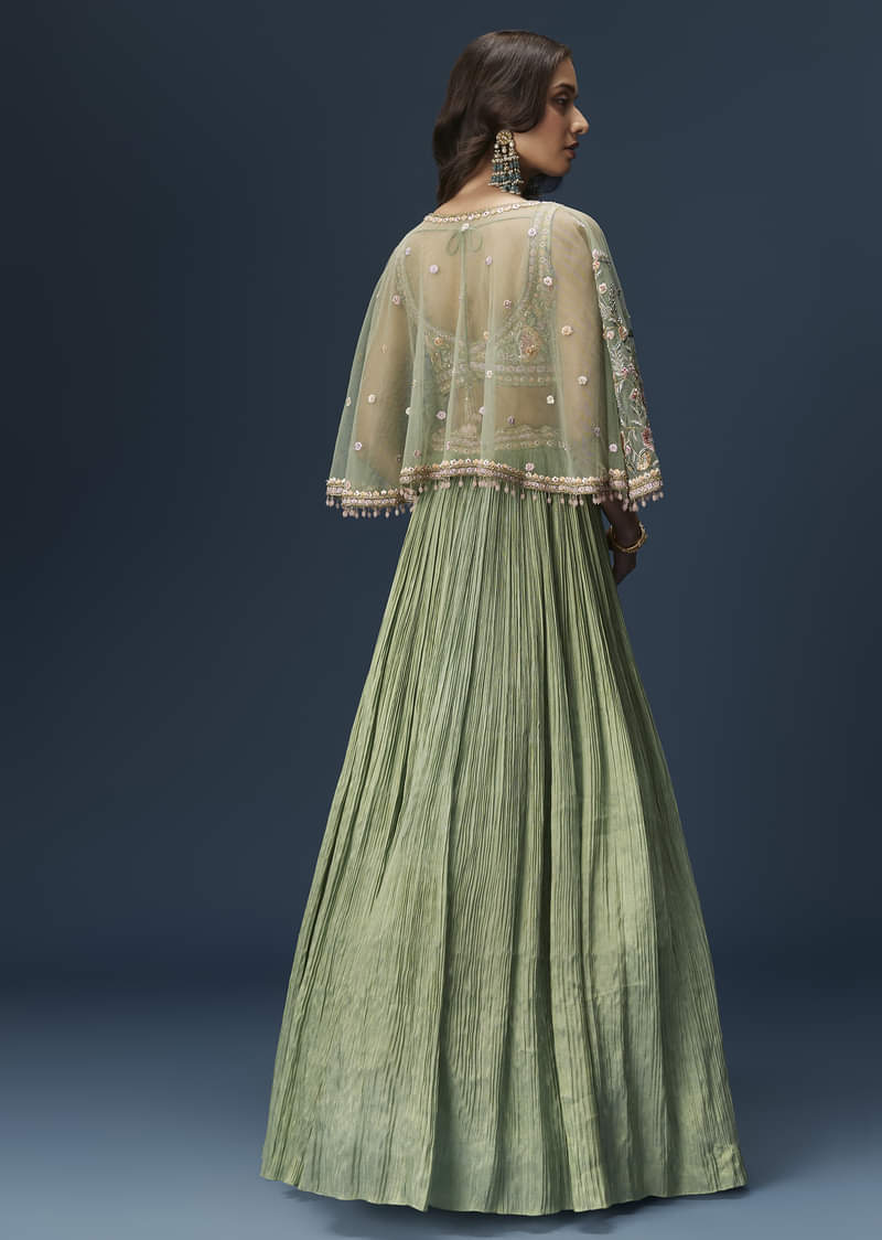 Mint Green Bridesmaid Lehenga With Embroidered Cape - Image 3