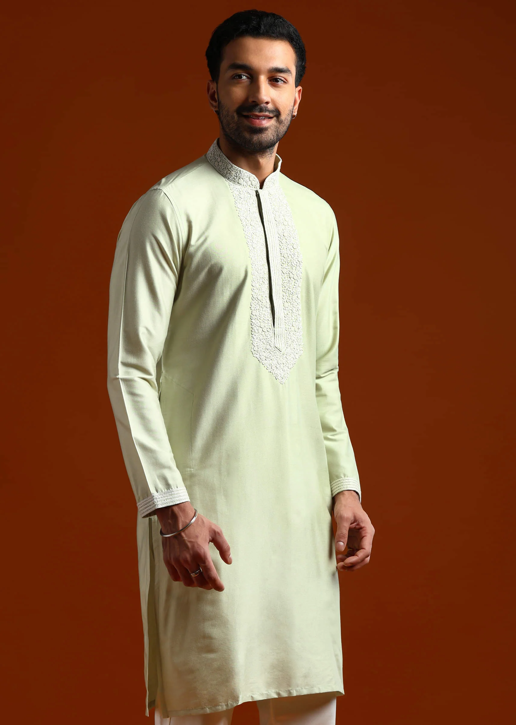 Mint Green Chanderi Kurta Set For Men With Kashmiri Embroidery - Image 3