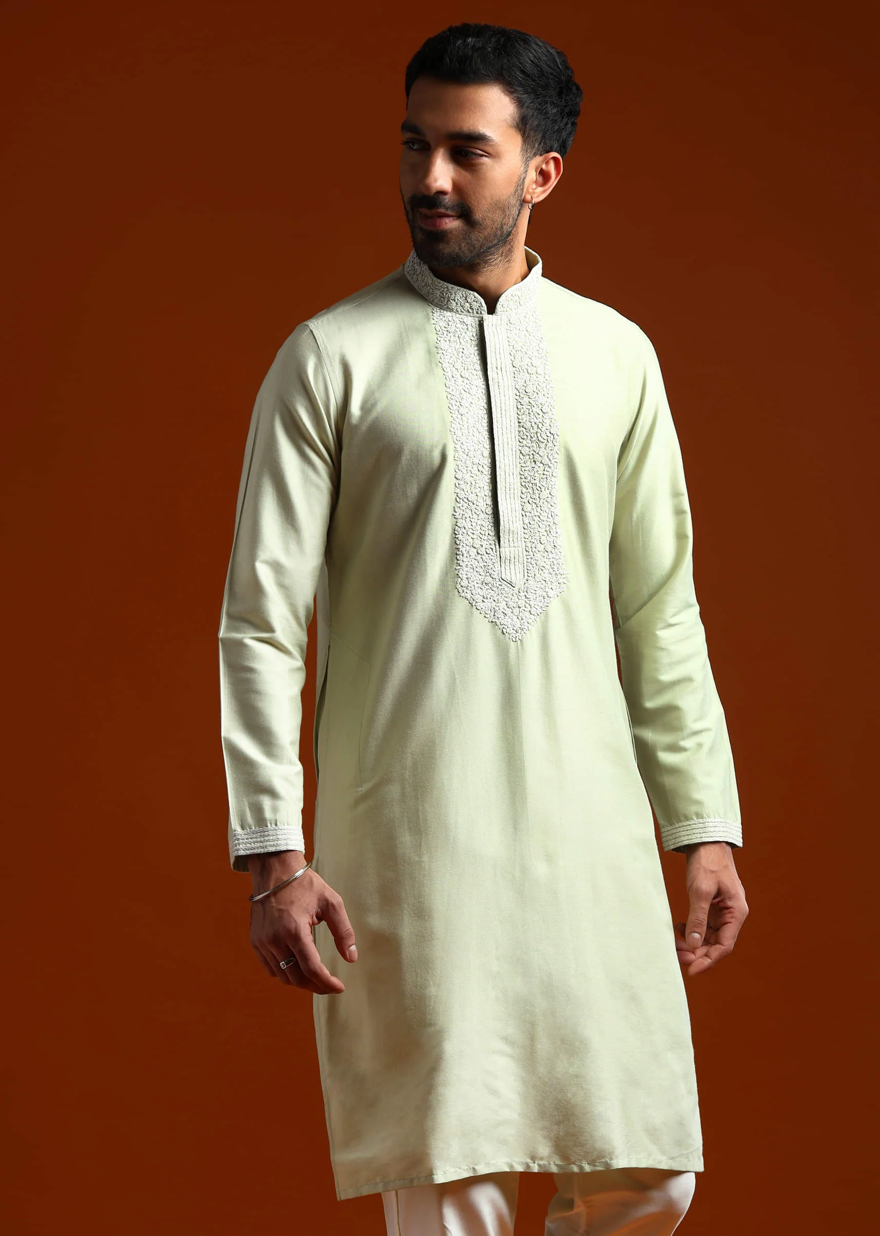 Mint Green Chanderi Kurta Set For Men With Kashmiri Embroidery - Image 4