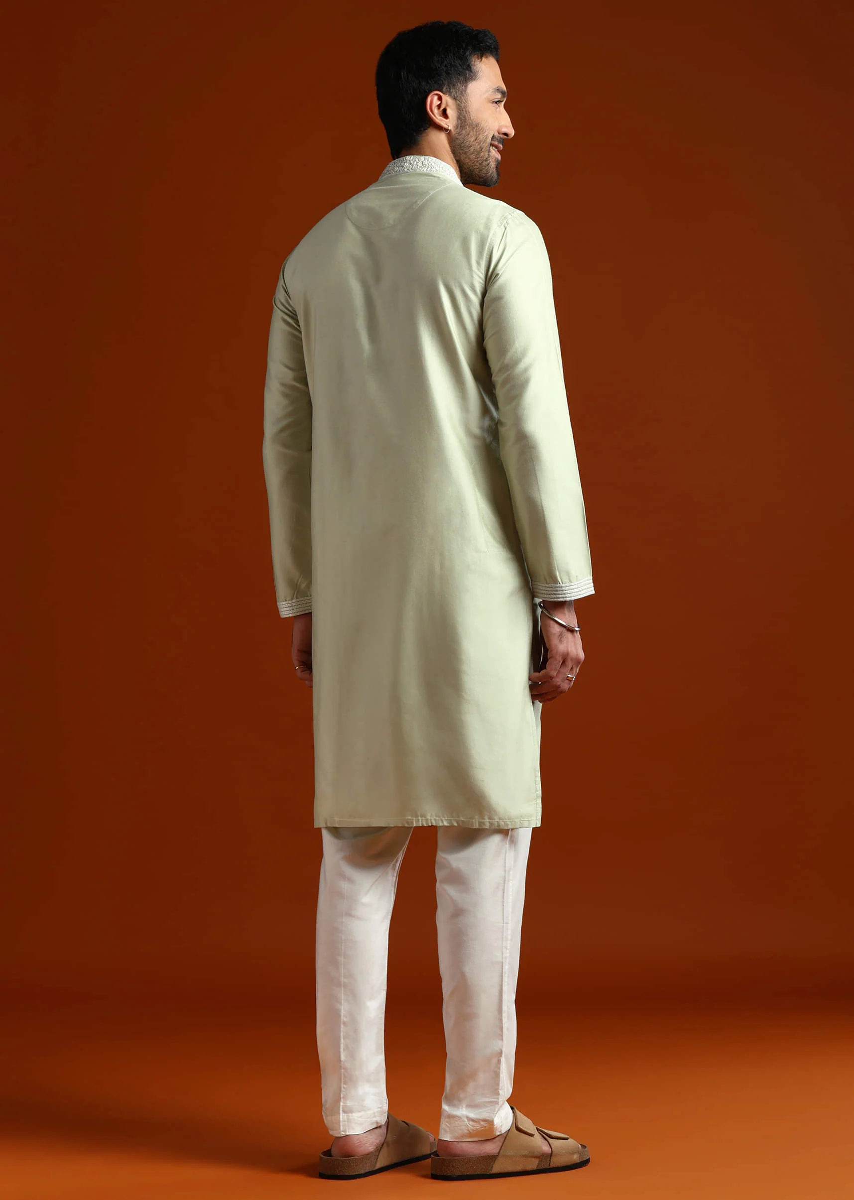 Mint Green Chanderi Kurta Set For Men With Kashmiri Embroidery - Image 5