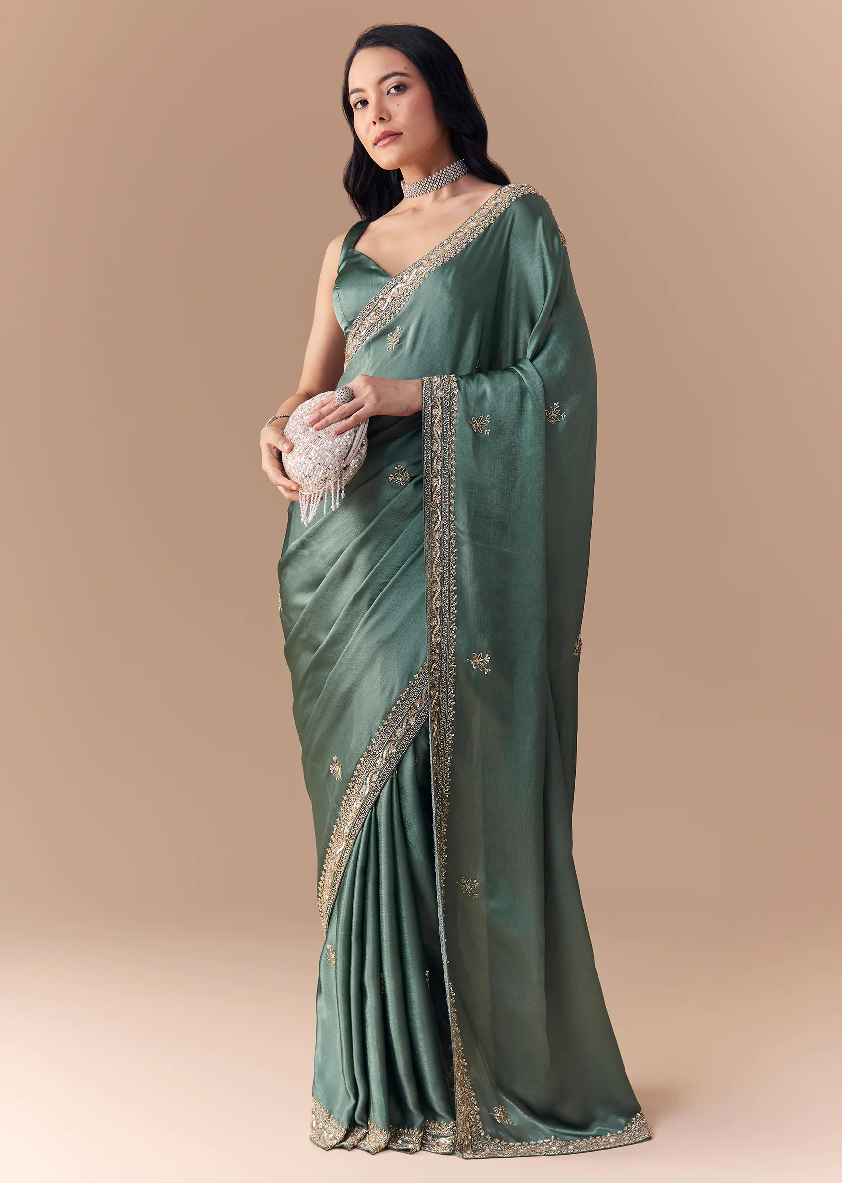 Mint Green Chinon Embroidered Saree with Unstitched Blouse