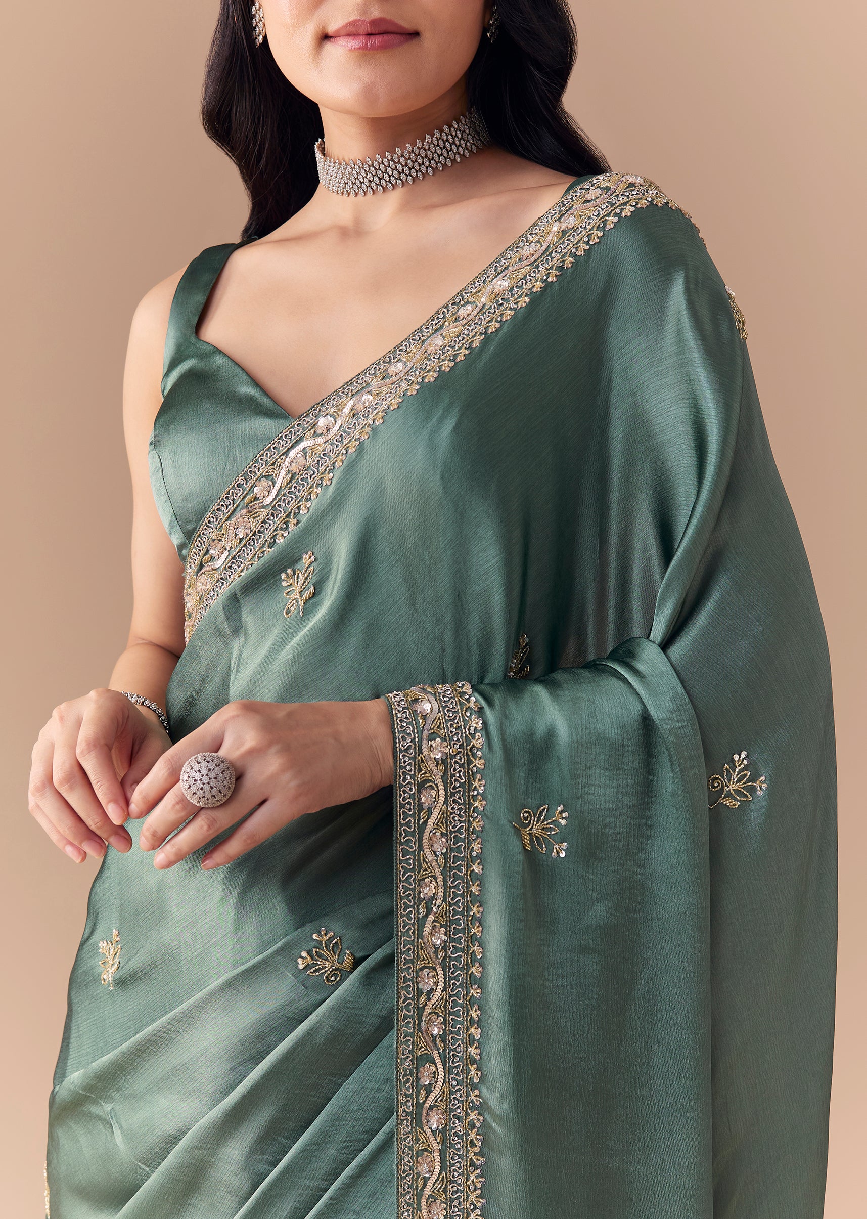 Mint Green Chinon Embroidered Saree with Unstitched Blouse - Image 2