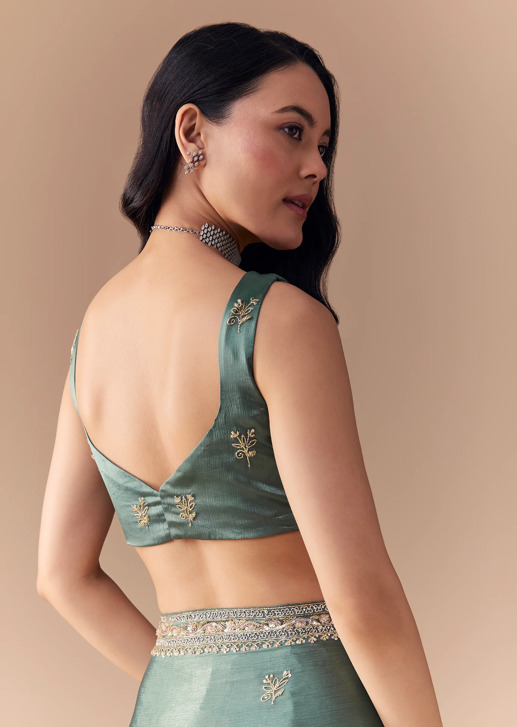 Mint Green Chinon Embroidered Saree with Unstitched Blouse - Image 8
