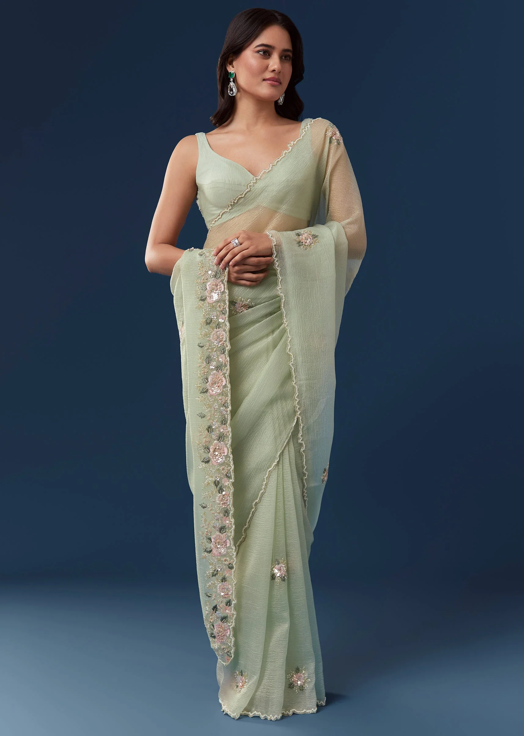 Mint Green Crush Tissue Saree With Cutwork Floral Border And Butti Embroidery
