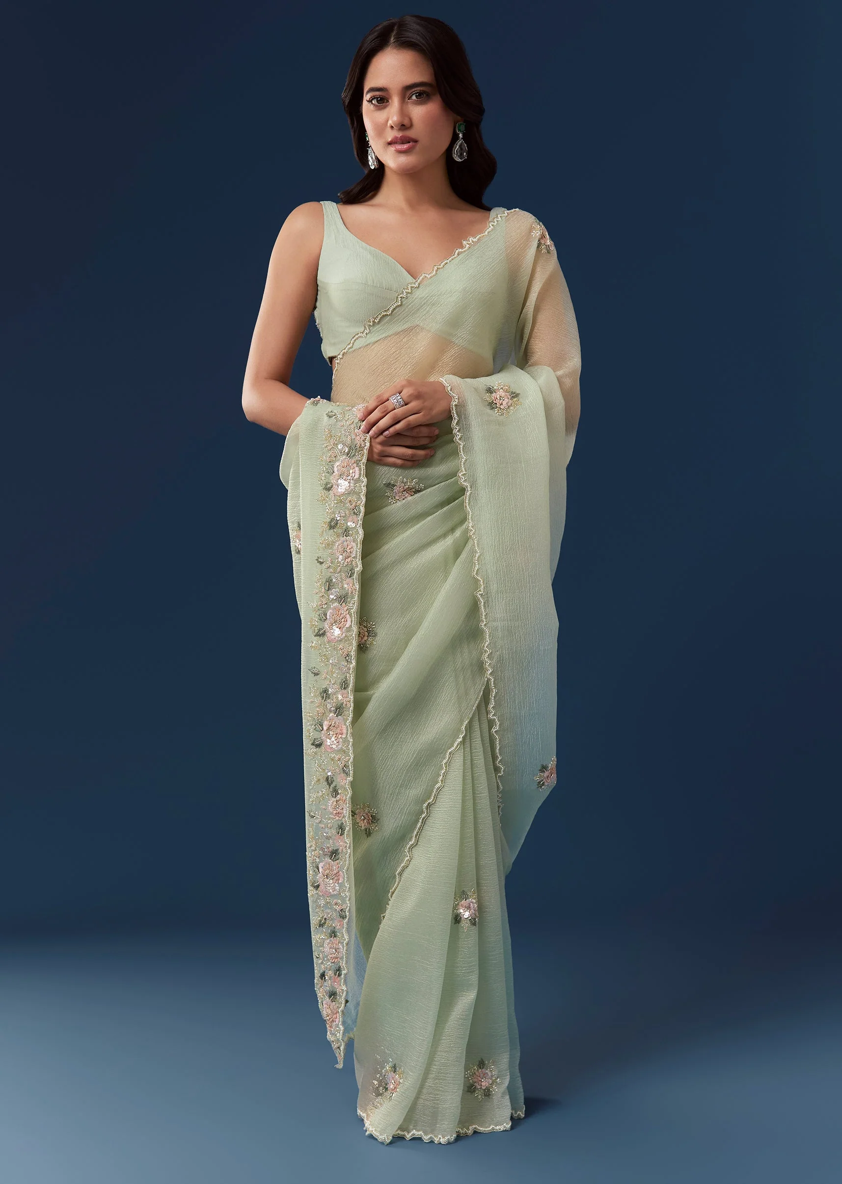 Mint Green Crush Tissue Saree With Cutwork Floral Border And Butti Embroidery - Image 3