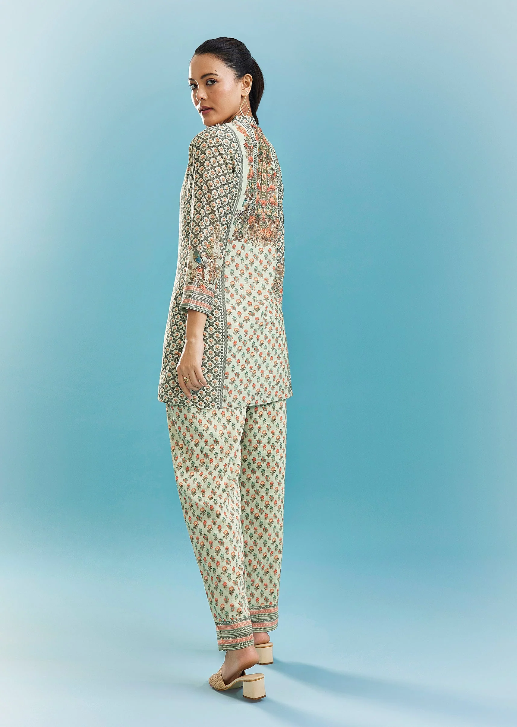 Mint Green Floral Co-ord Set With Cut Dana And Sequins Work - Image 5