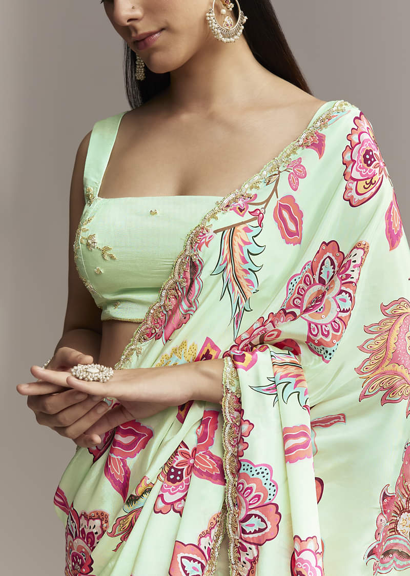 Mint Green Floral Crepe Saree With Scallop Border - Image 2