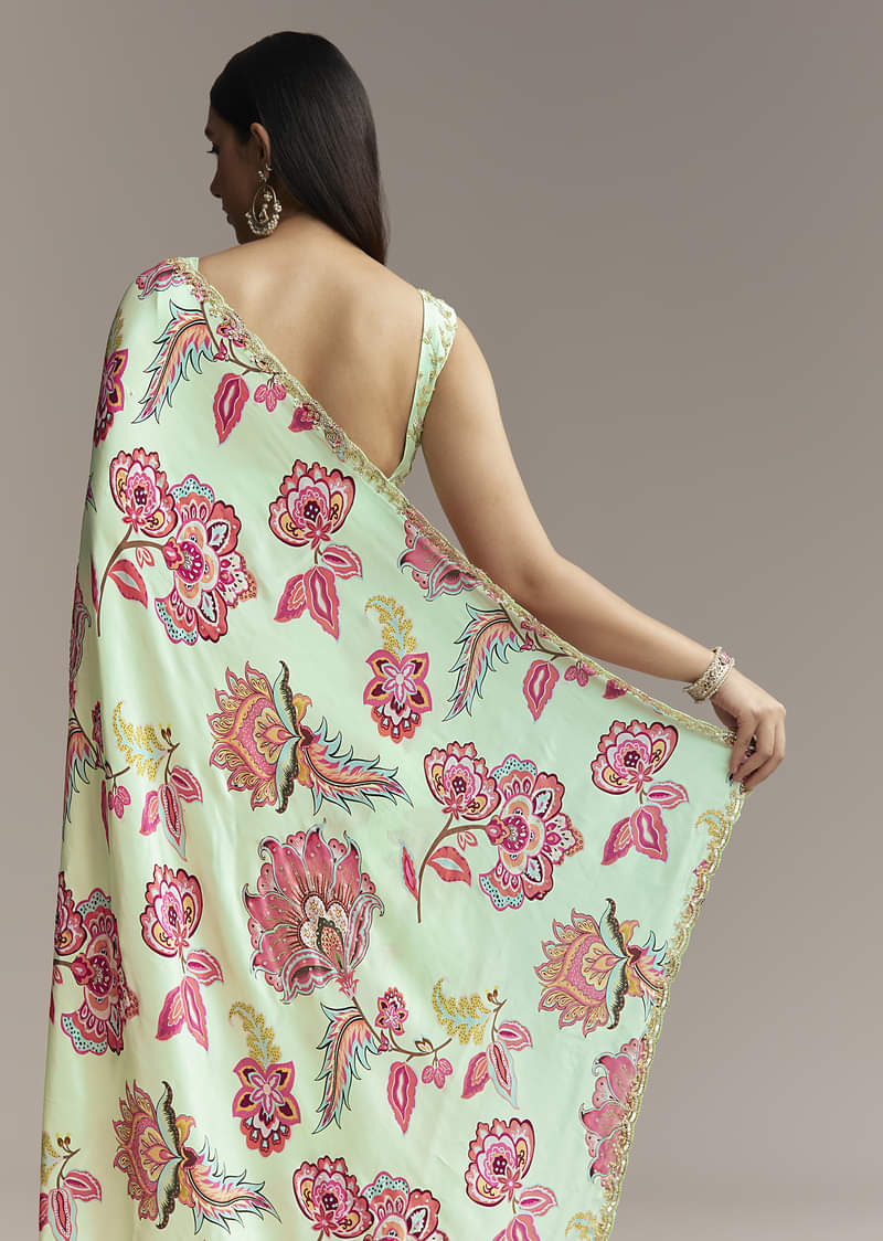 Mint Green Floral Crepe Saree With Scallop Border - Image 6