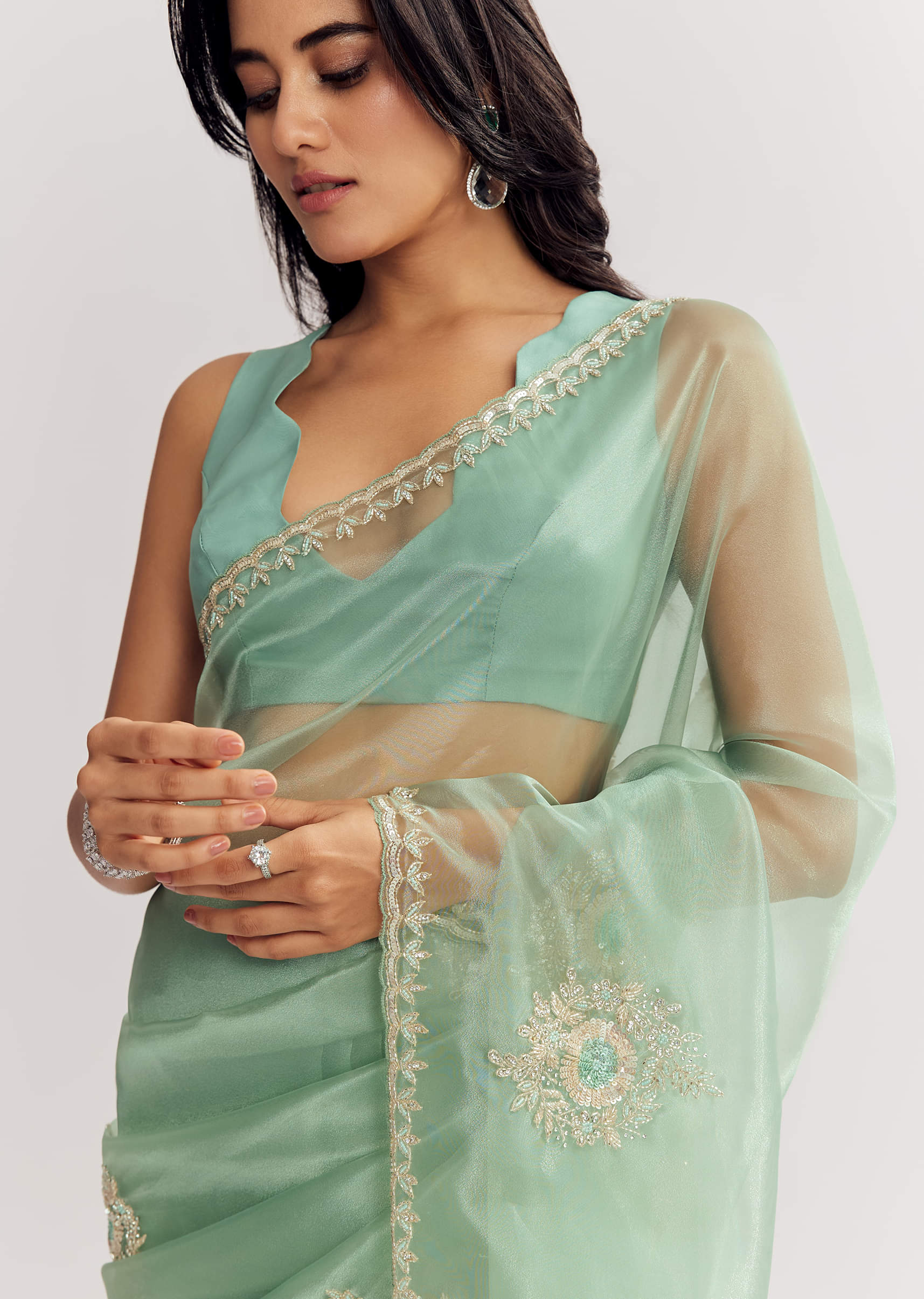 Mint Green Glass Tissue Saree With Cutdana And Sequins Embroidery - Image 2