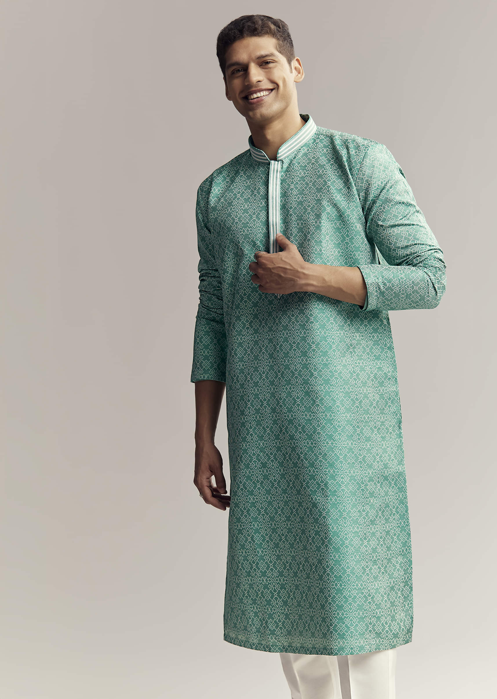 Mint Green Jacquard Kurta Set For Men - Image 3