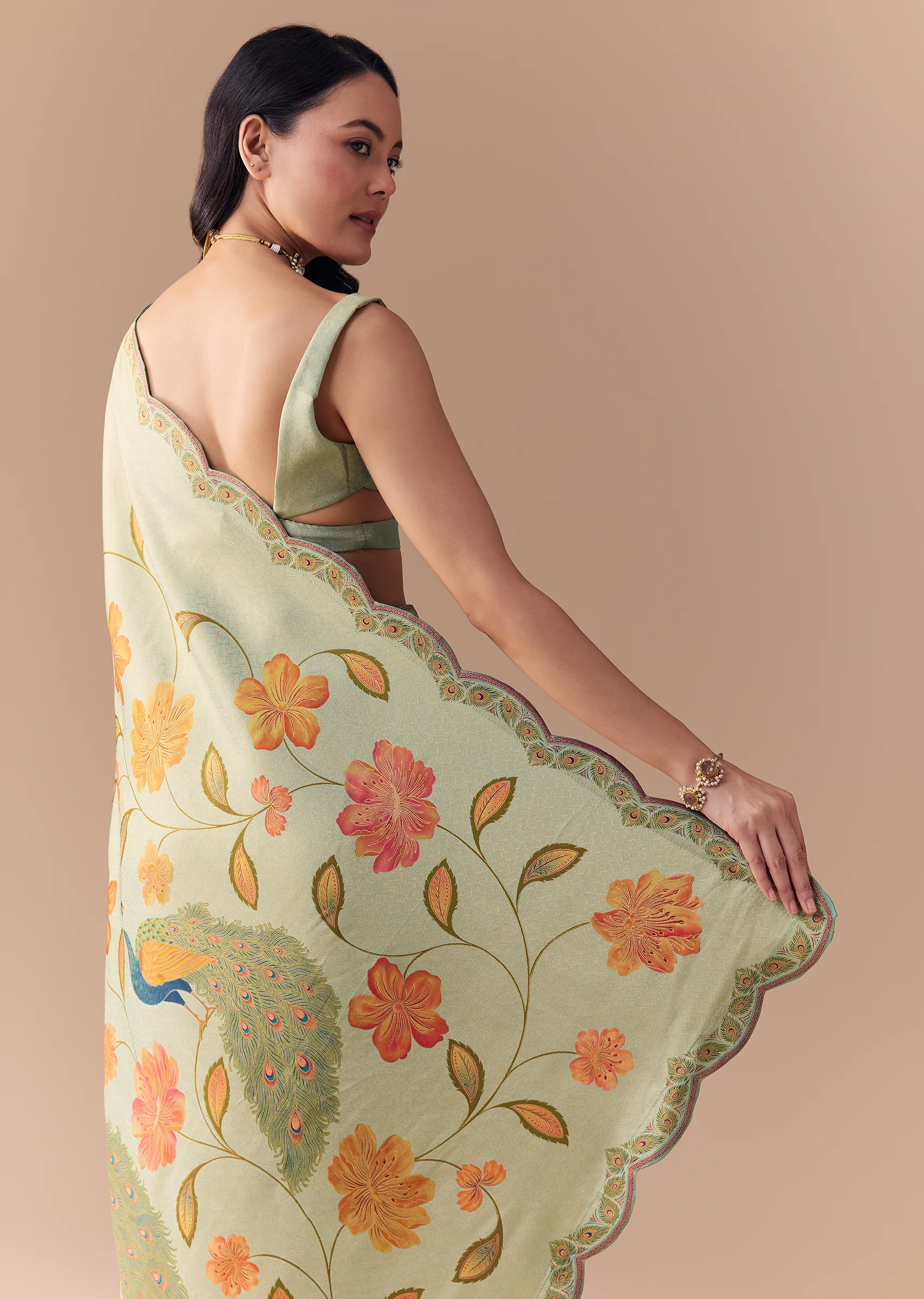 Mint Green Jacquard Silk Floral Woven Saree with Unstitched Blouse - Image 6