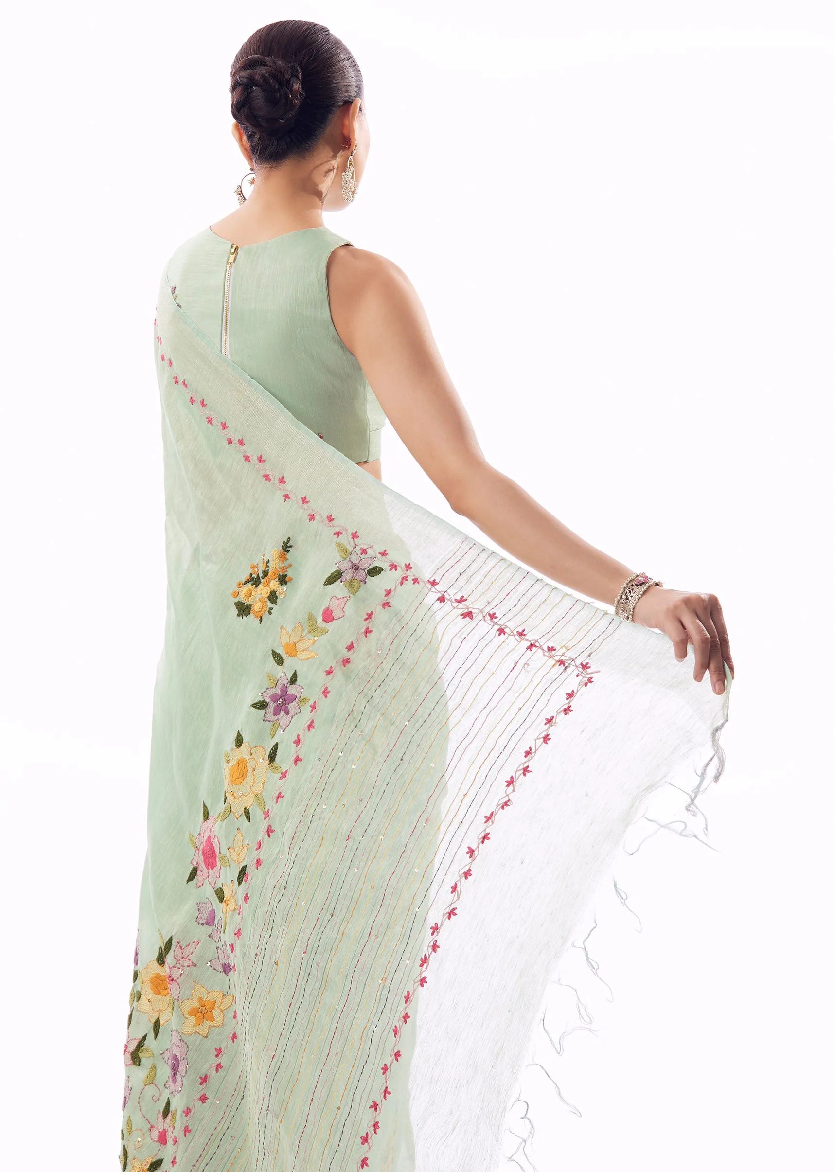 Mint Green Linen Saree With All Over Floral Resham Hand Embroidery - Image 6