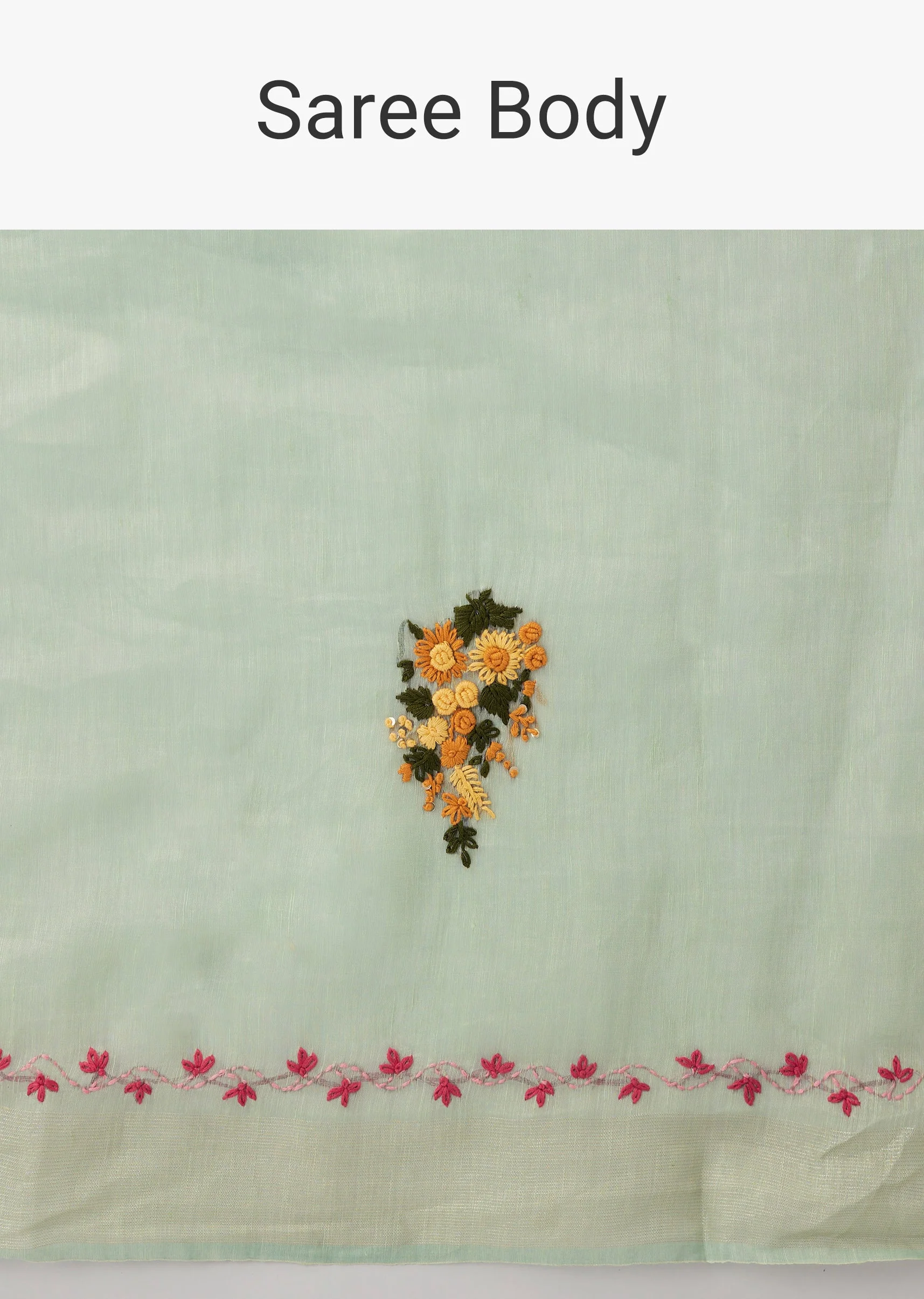 Mint Green Linen Saree With All Over Floral Resham Hand Embroidery - Image 9