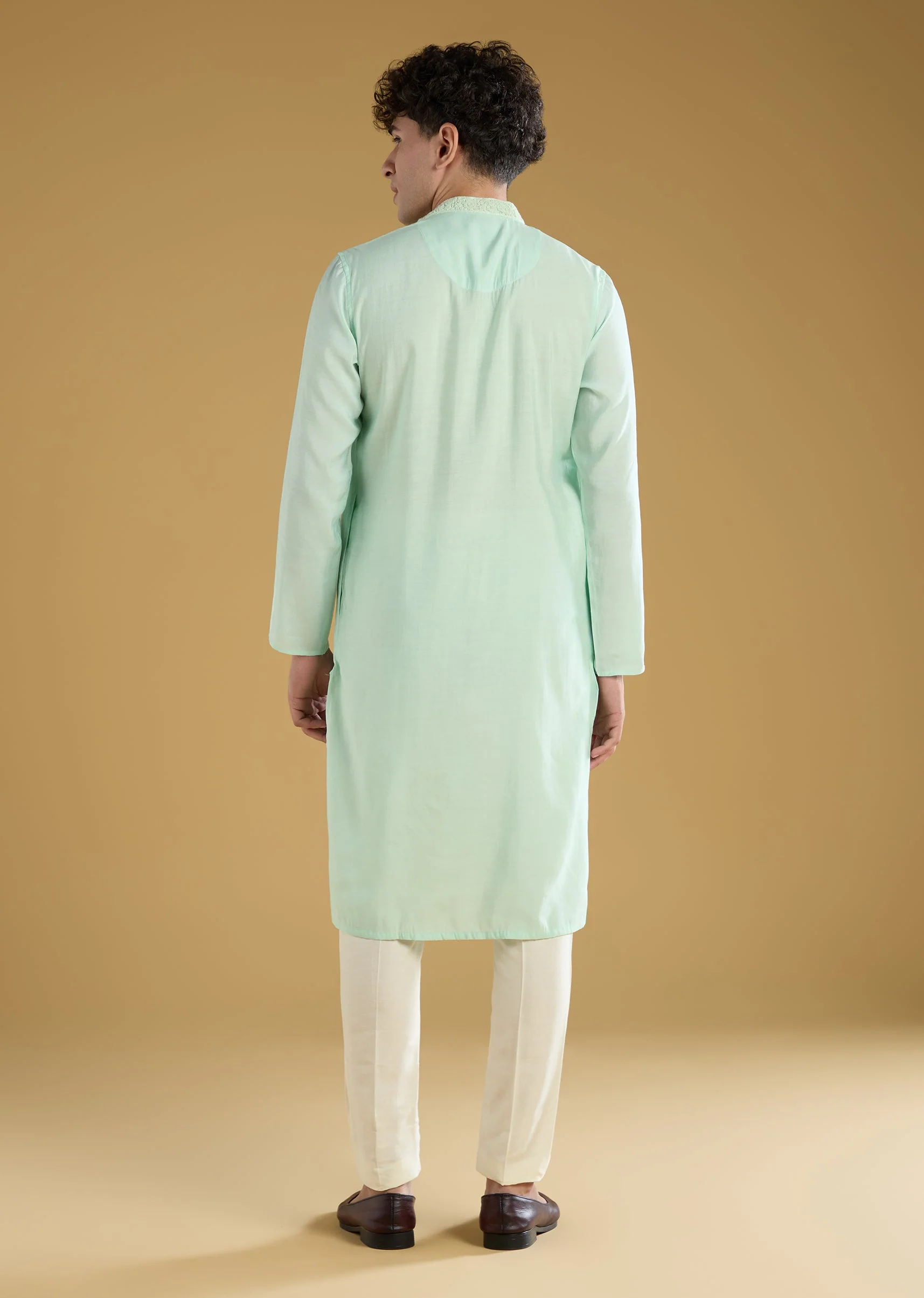 Mint Green Mens Kurta Set With Thread Detail - Image 5