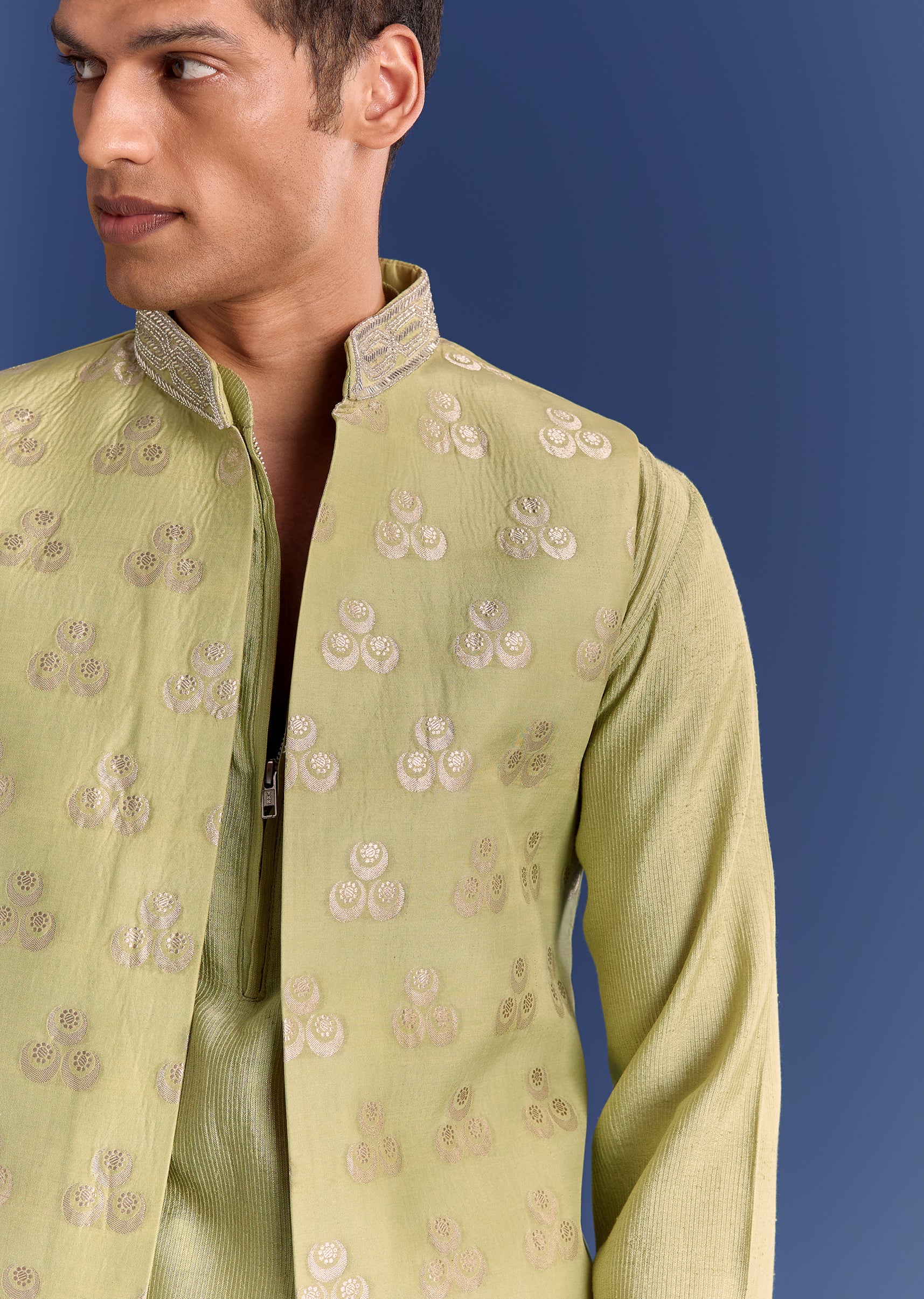 Mint Green Munga Silk Kurta Jacket Set With Hand Embroidery - Image 2
