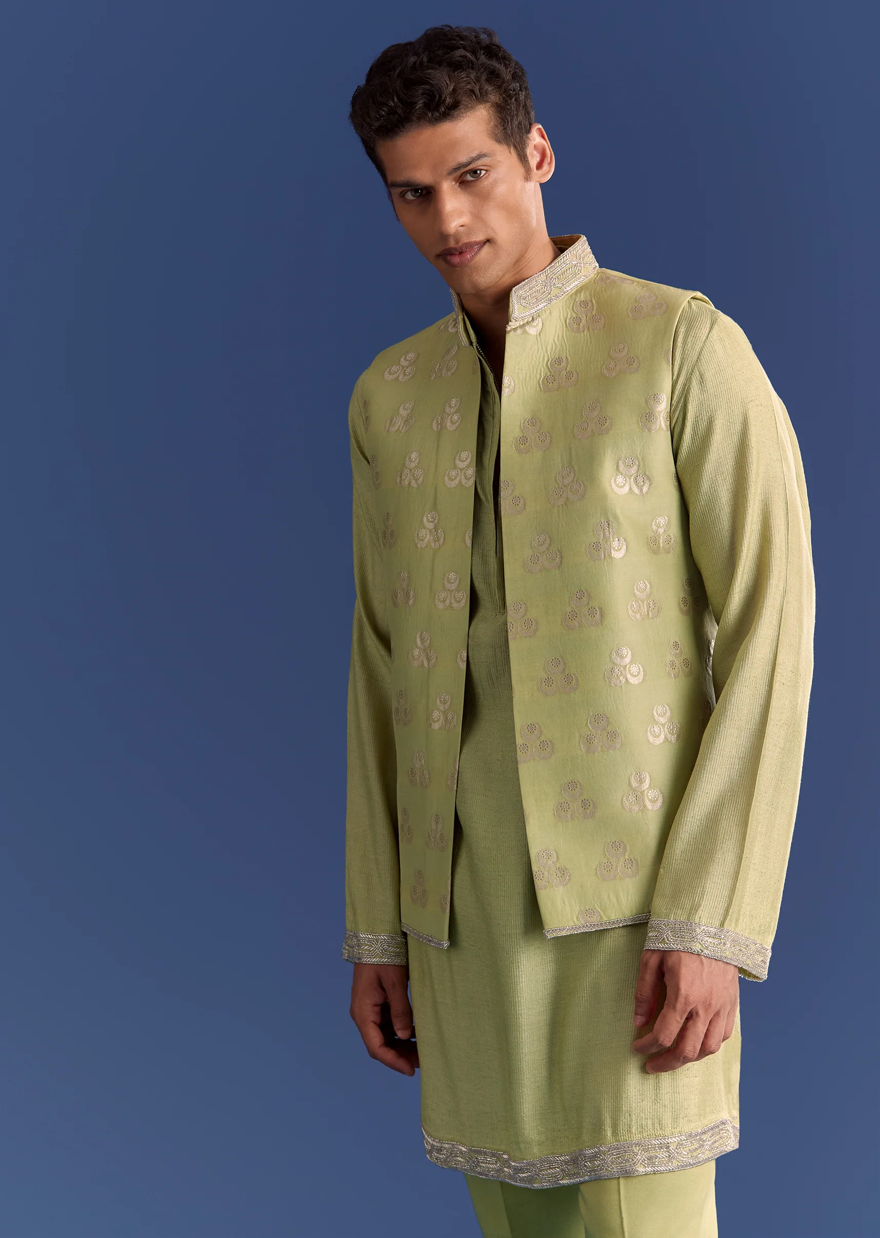 Mint Green Munga Silk Kurta Jacket Set With Hand Embroidery - Image 3