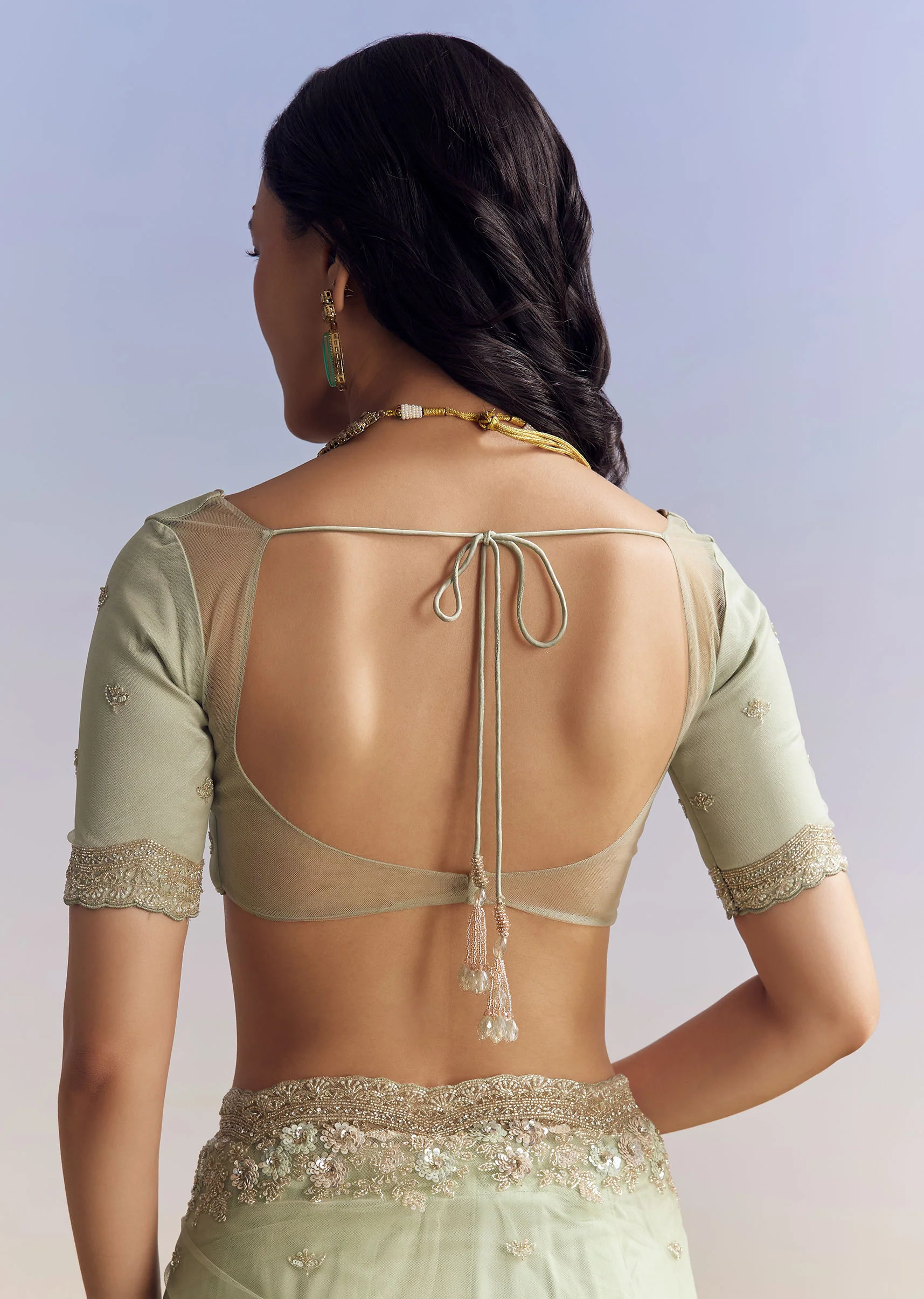 Mint Green Net Saree With Scallop Border And Heavy Embroidery - Image 8