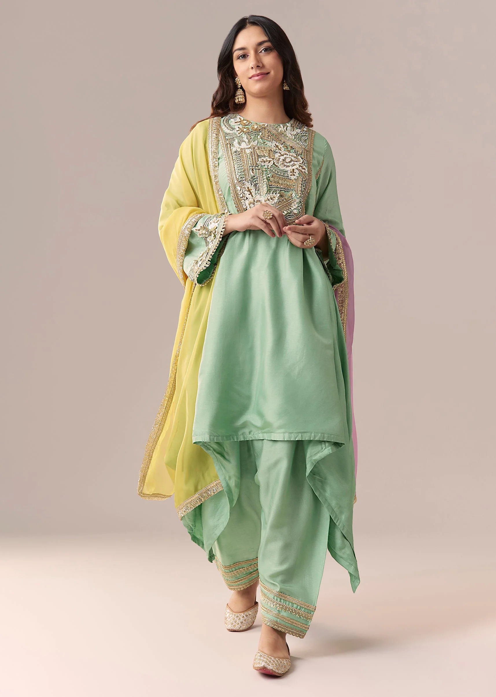 Mint Green Ombre Dupatta Kurta Set With Pant - Image 3