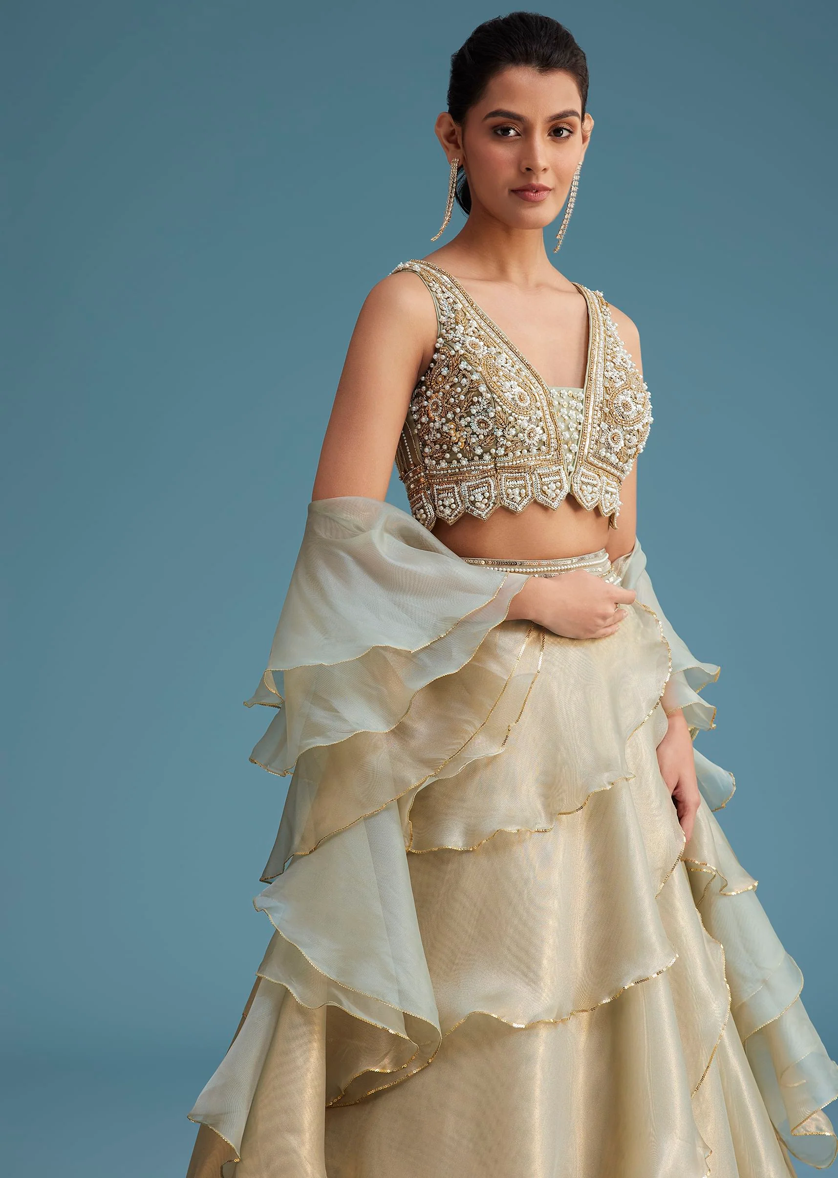 Mint Green Organza Layered Lehenga Set - Image 2