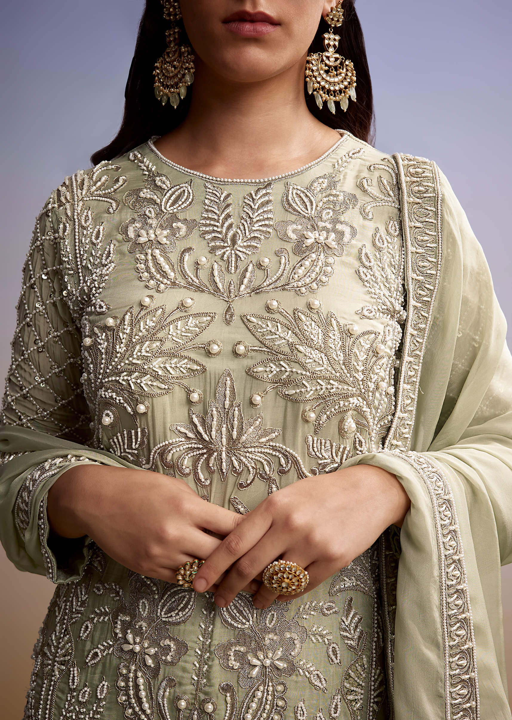 Mint Green Organza Palazzo Suit With Zari And Moti Work - Image 2