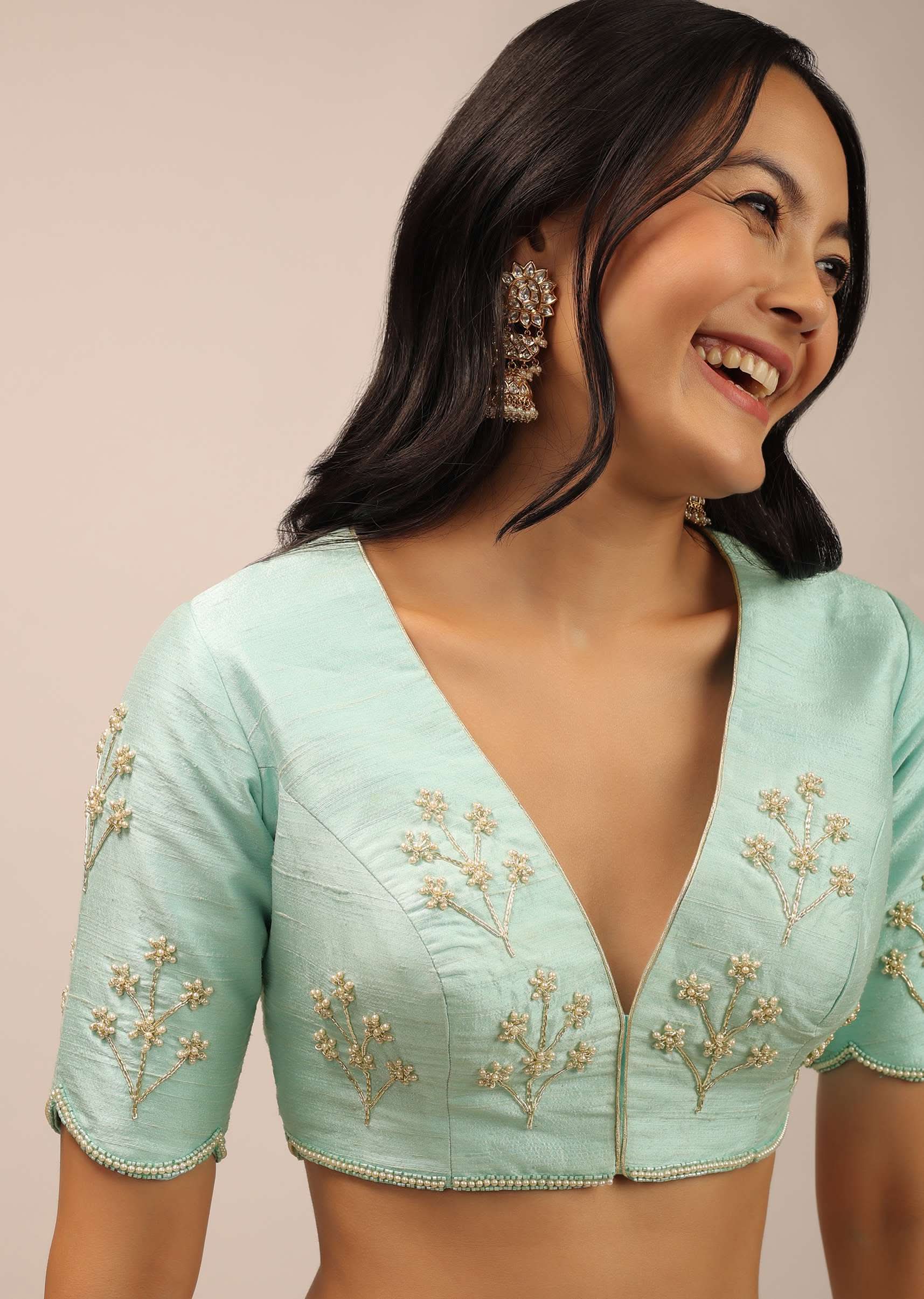 Mint Green Padded Blouse With zardosi And Moti Work - Image 4