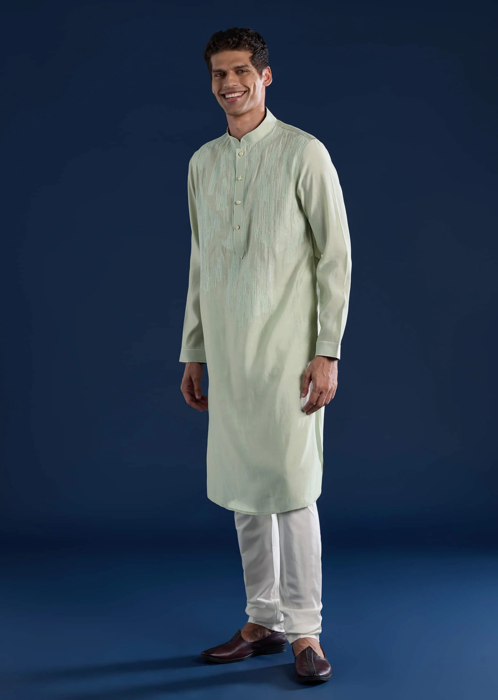 Mint Green Resham Embroidered Mens Kurta and Pant Set - Image 2