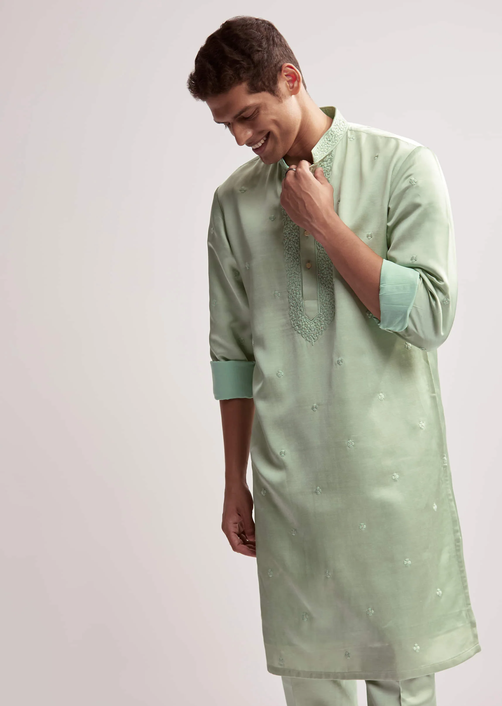 Mint Green Satin Blend Kurta Set For Men With Zardosi Embroidery - Image 3