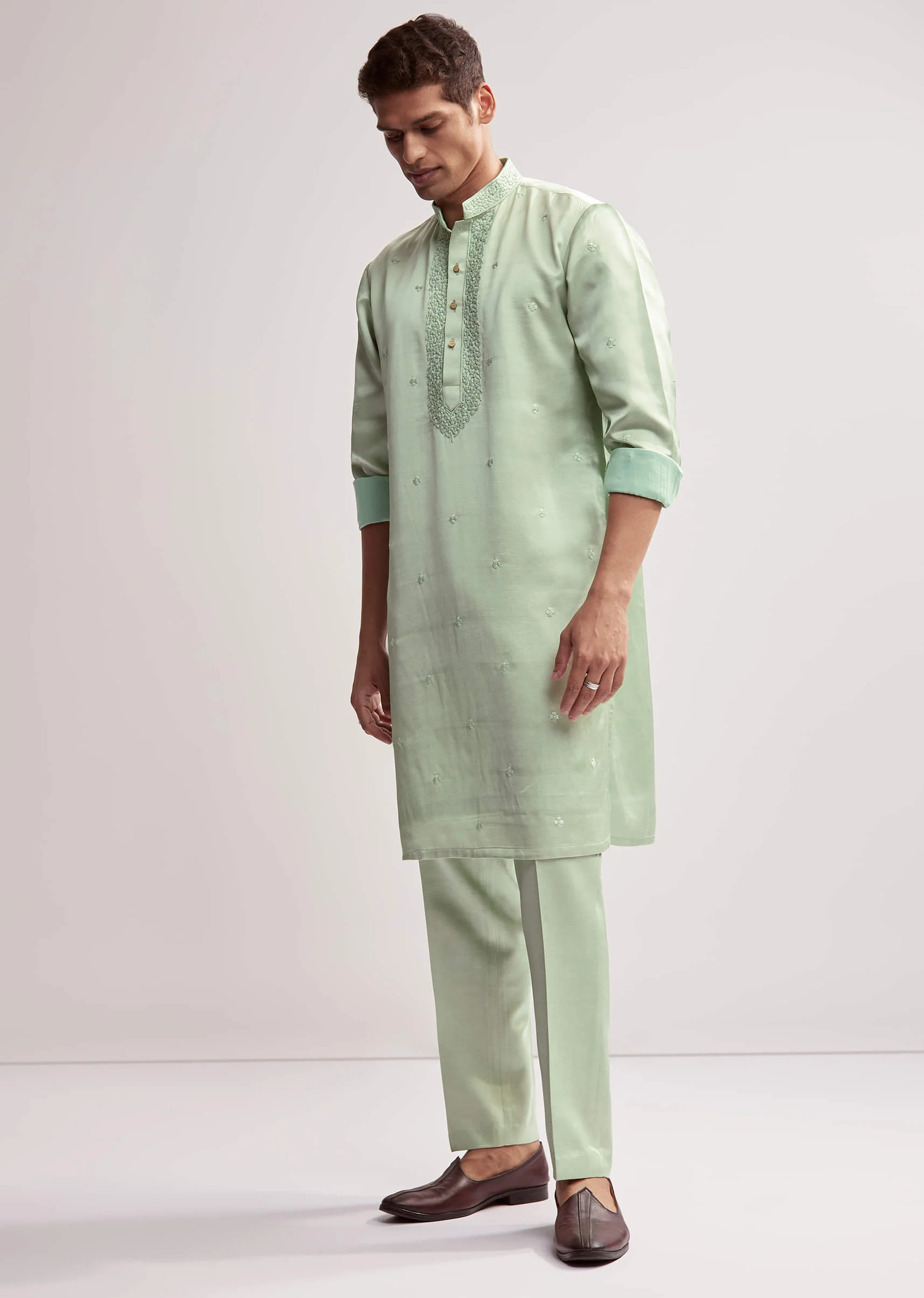 Mint Green Satin Blend Kurta Set For Men With Zardosi Embroidery - Image 4
