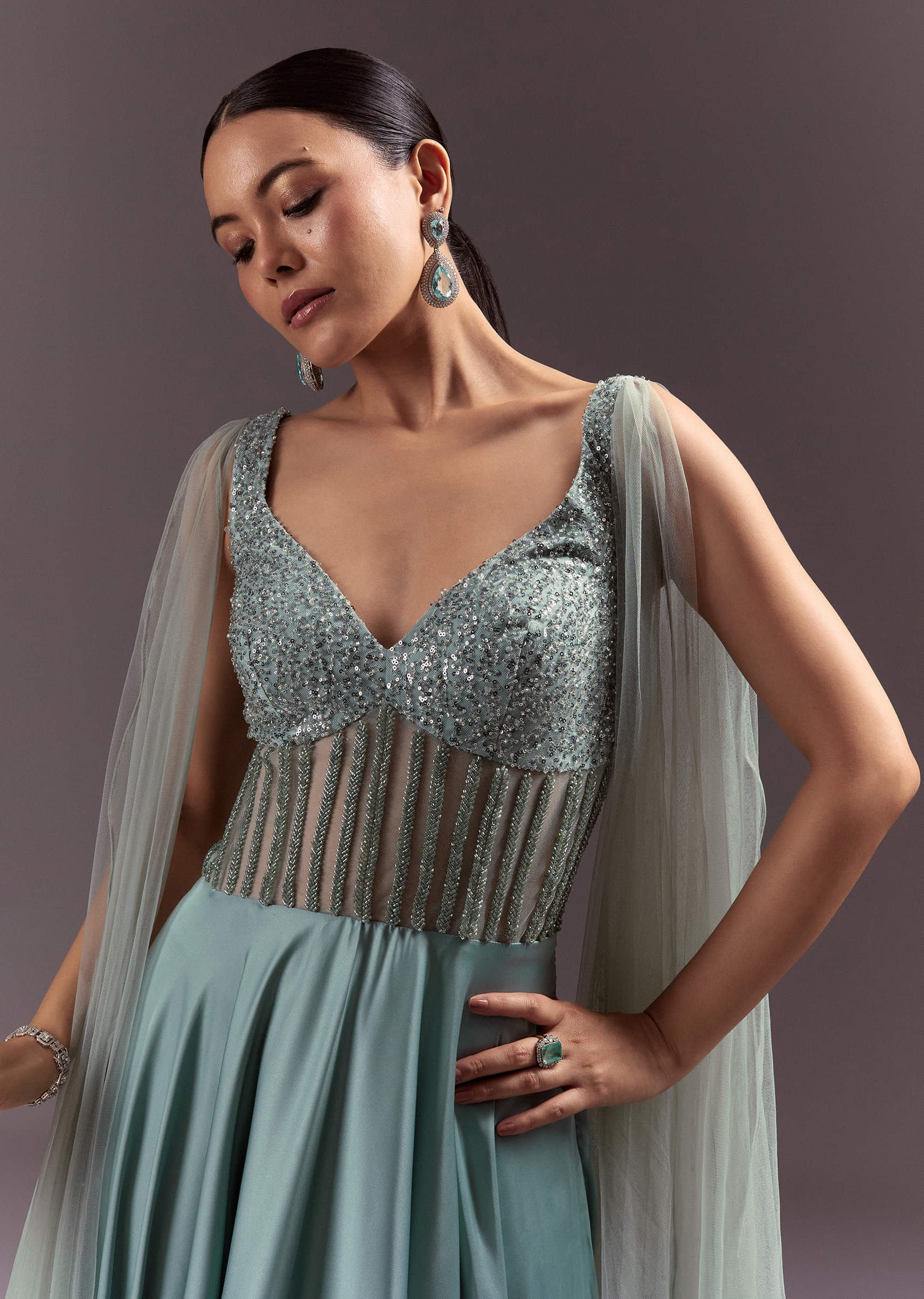 Mint Green Satin Gown With Corset Style Embroidered Bodice - Image 2