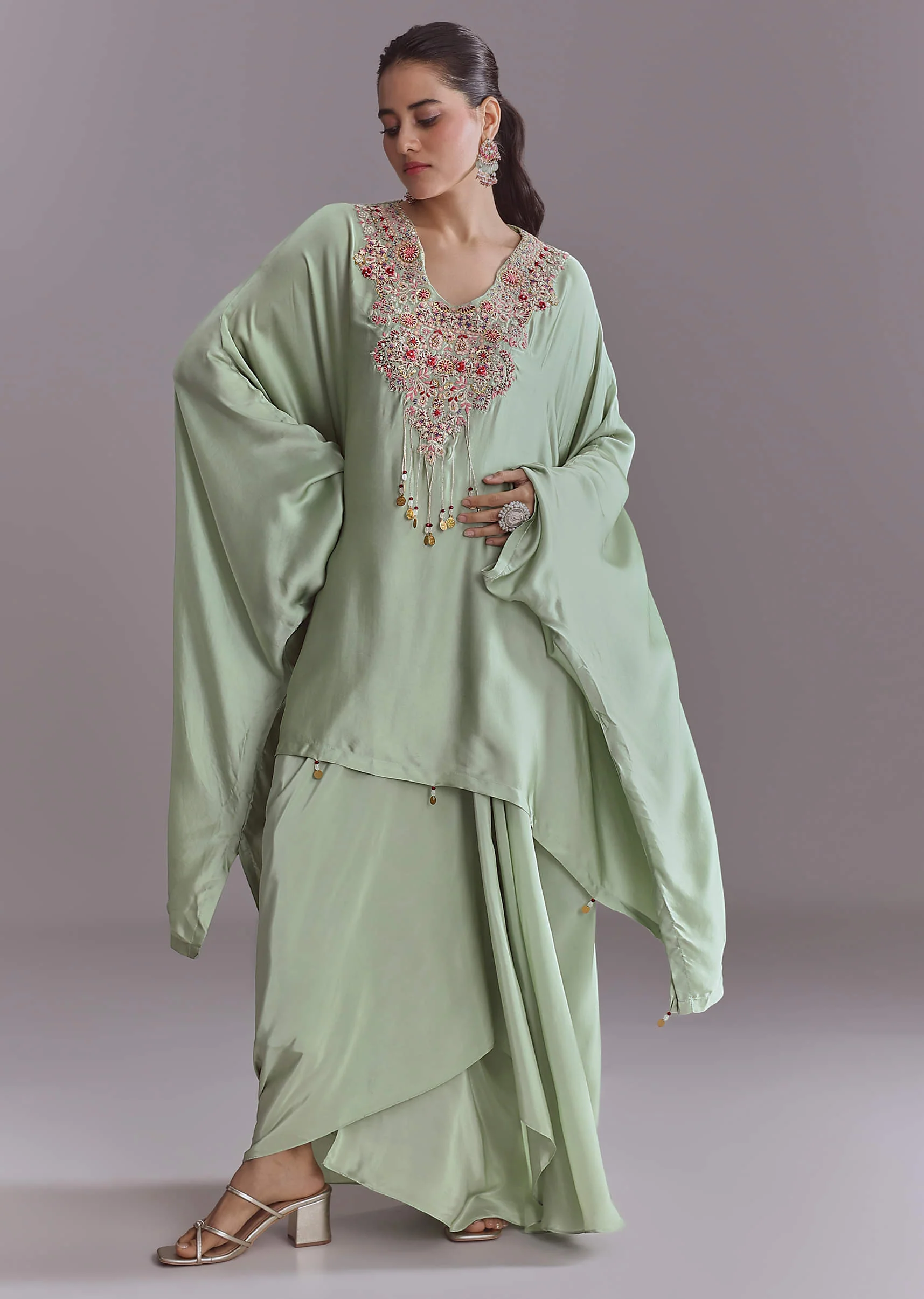 Mint Green Silk Kaftan Top And Drape Skirt Set With Resham Work - Image 3