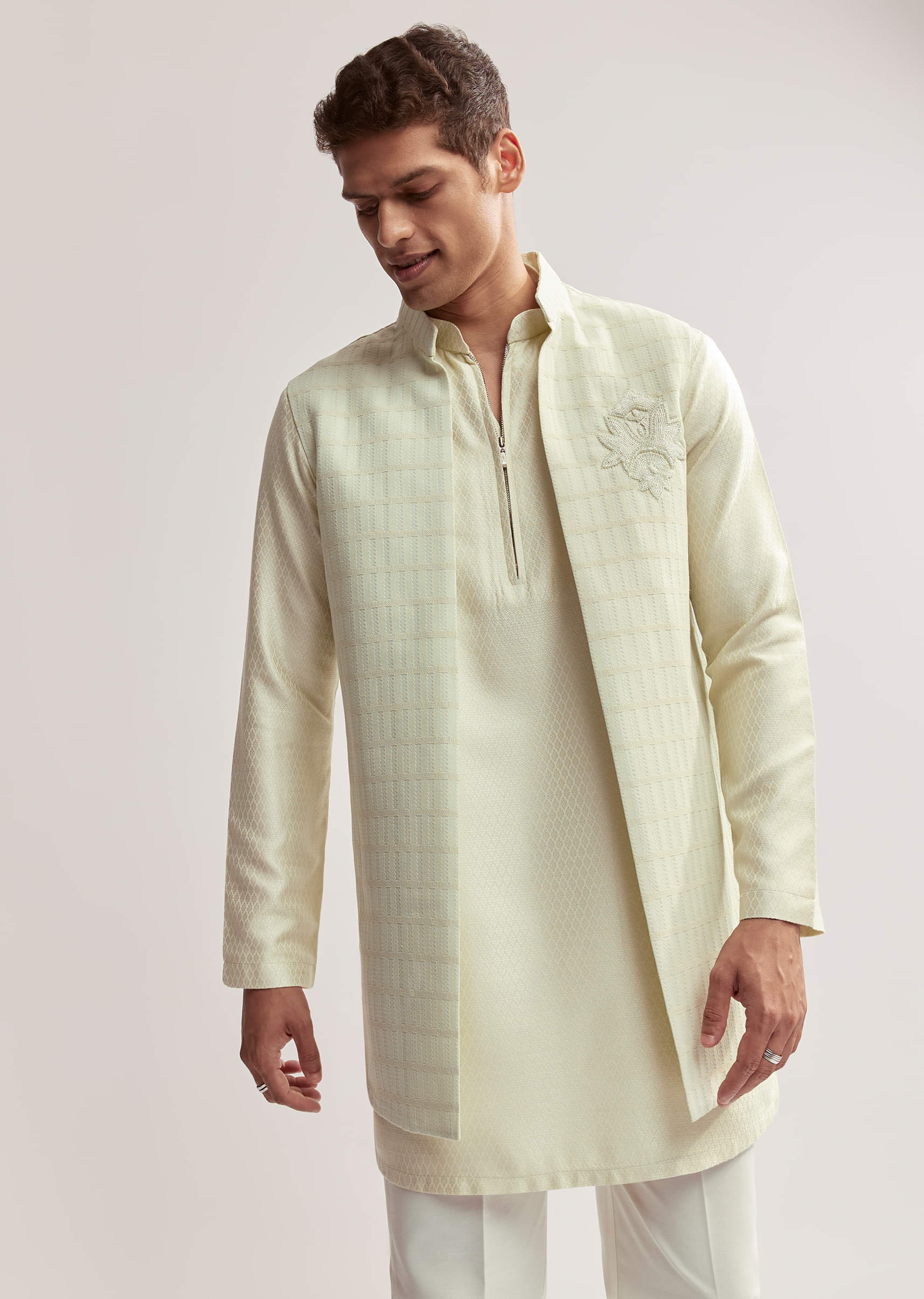 Mint Green Silk Kurta Jacket Set For Men With Cutdana Motif - Image 3